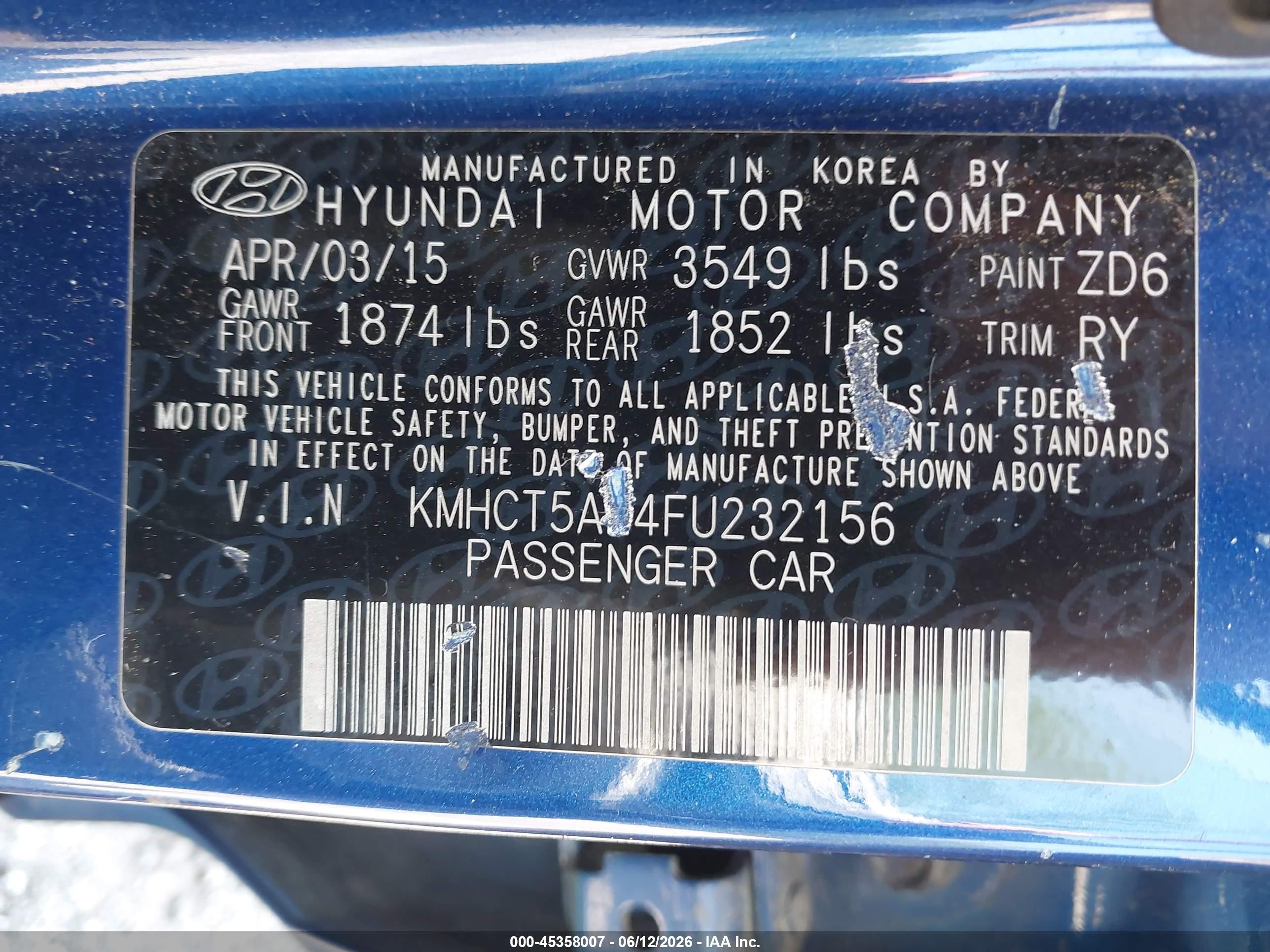 2015 Hyundai Accent Gs Blue vin: KMHCT5AE4FU232156
