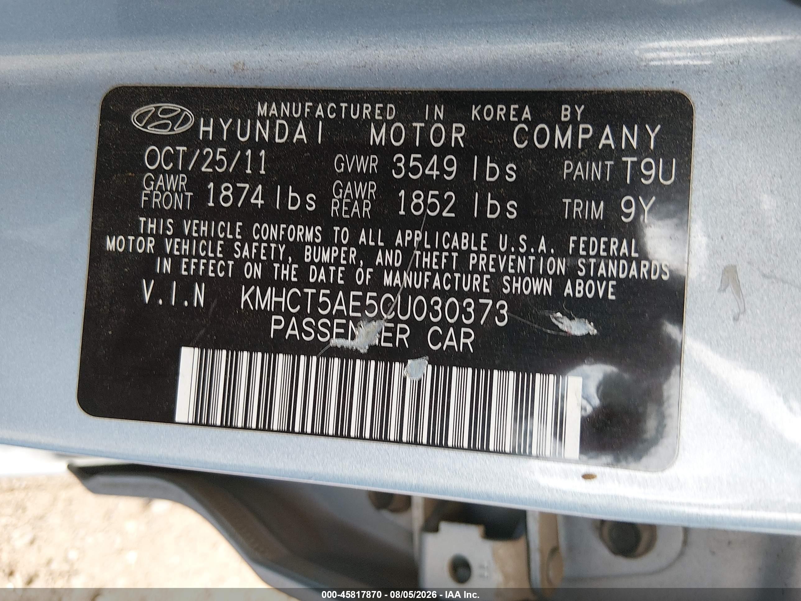 2012 Hyundai Accent Gs Blue vin: KMHCT5AE5CU030373