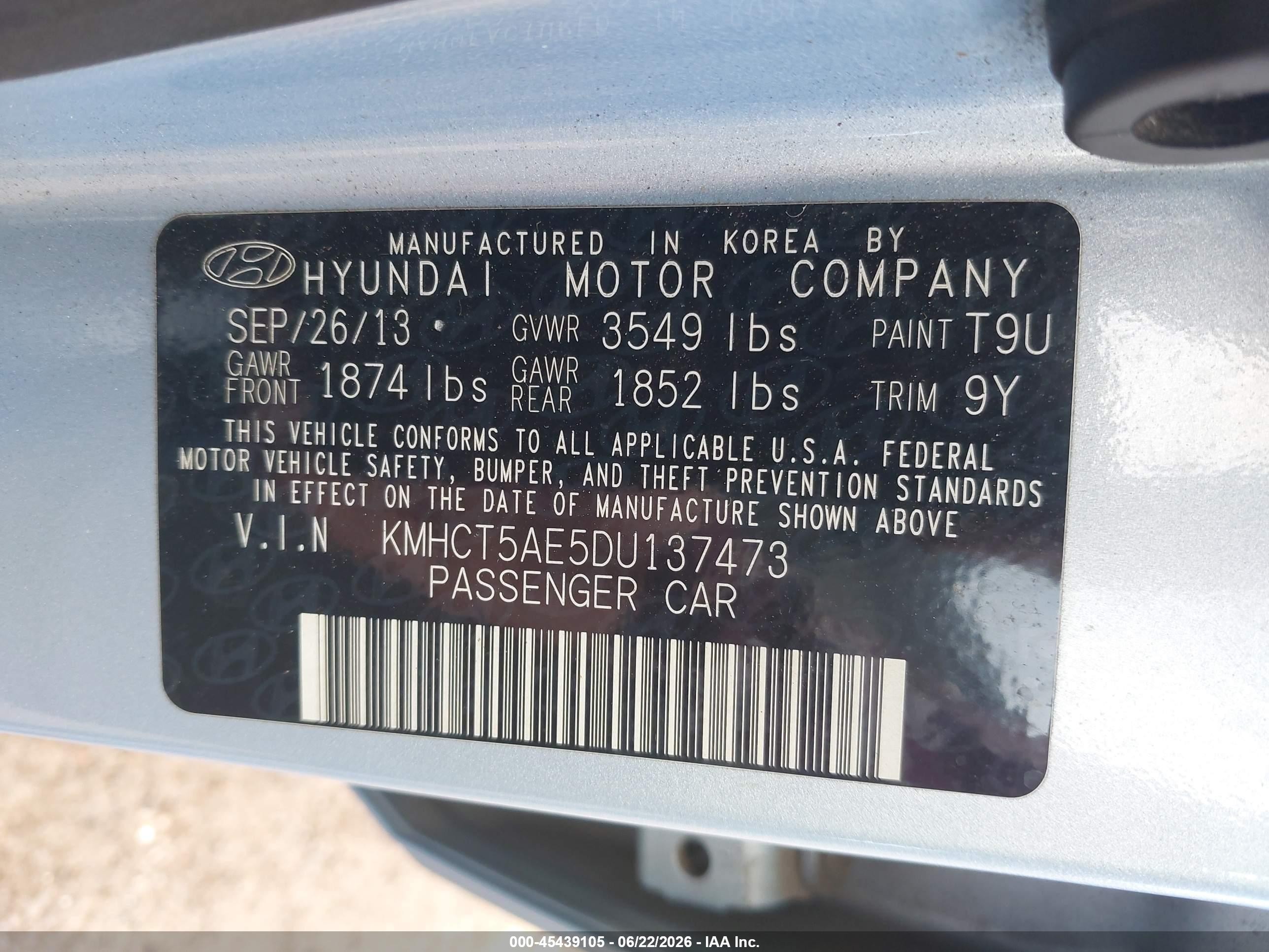 2013 Hyundai Accent Gs Light Blue vin: KMHCT5AE5DU137473