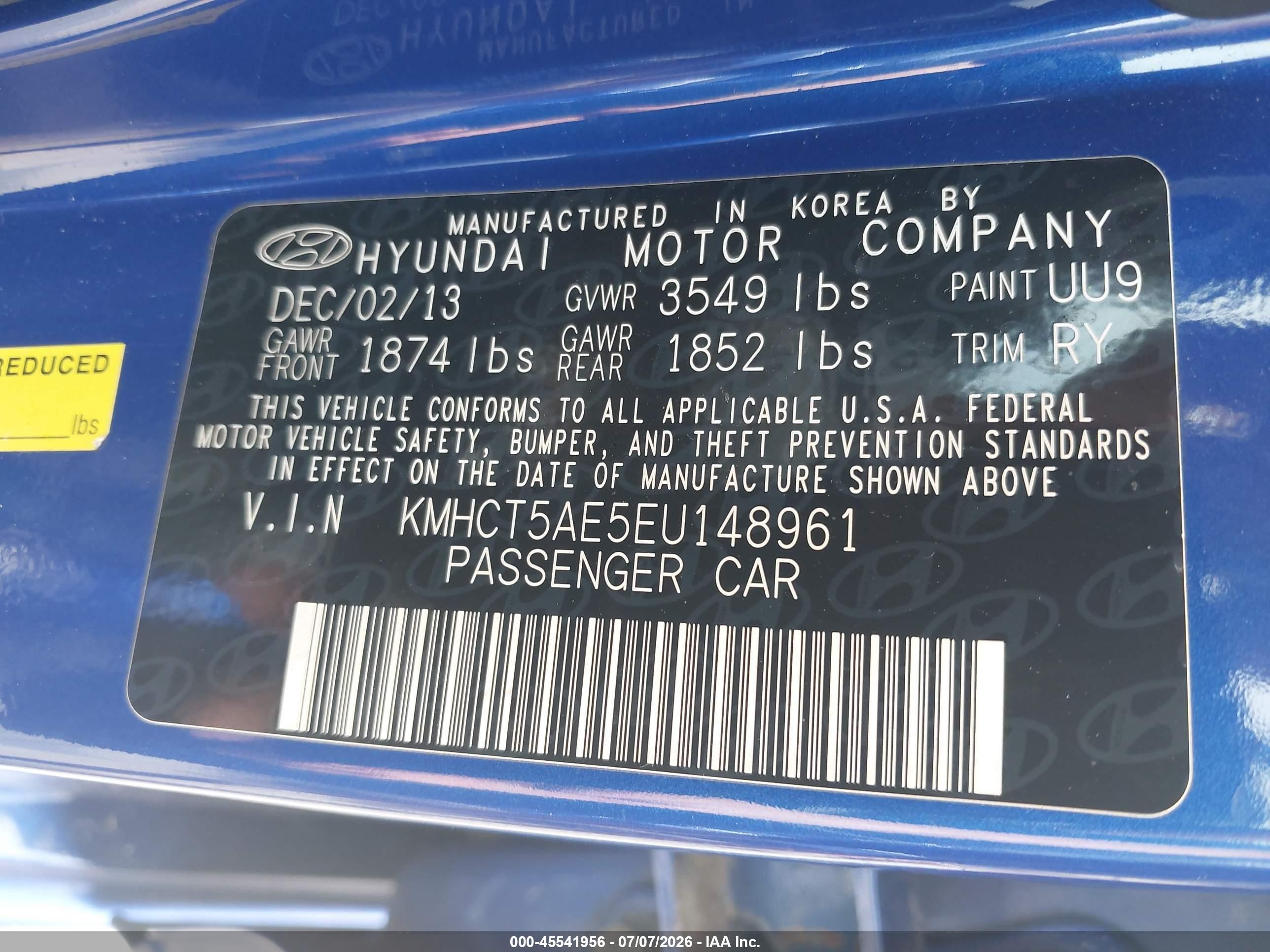 2014 Hyundai Accent Gs Blue vin: KMHCT5AE5EU148961