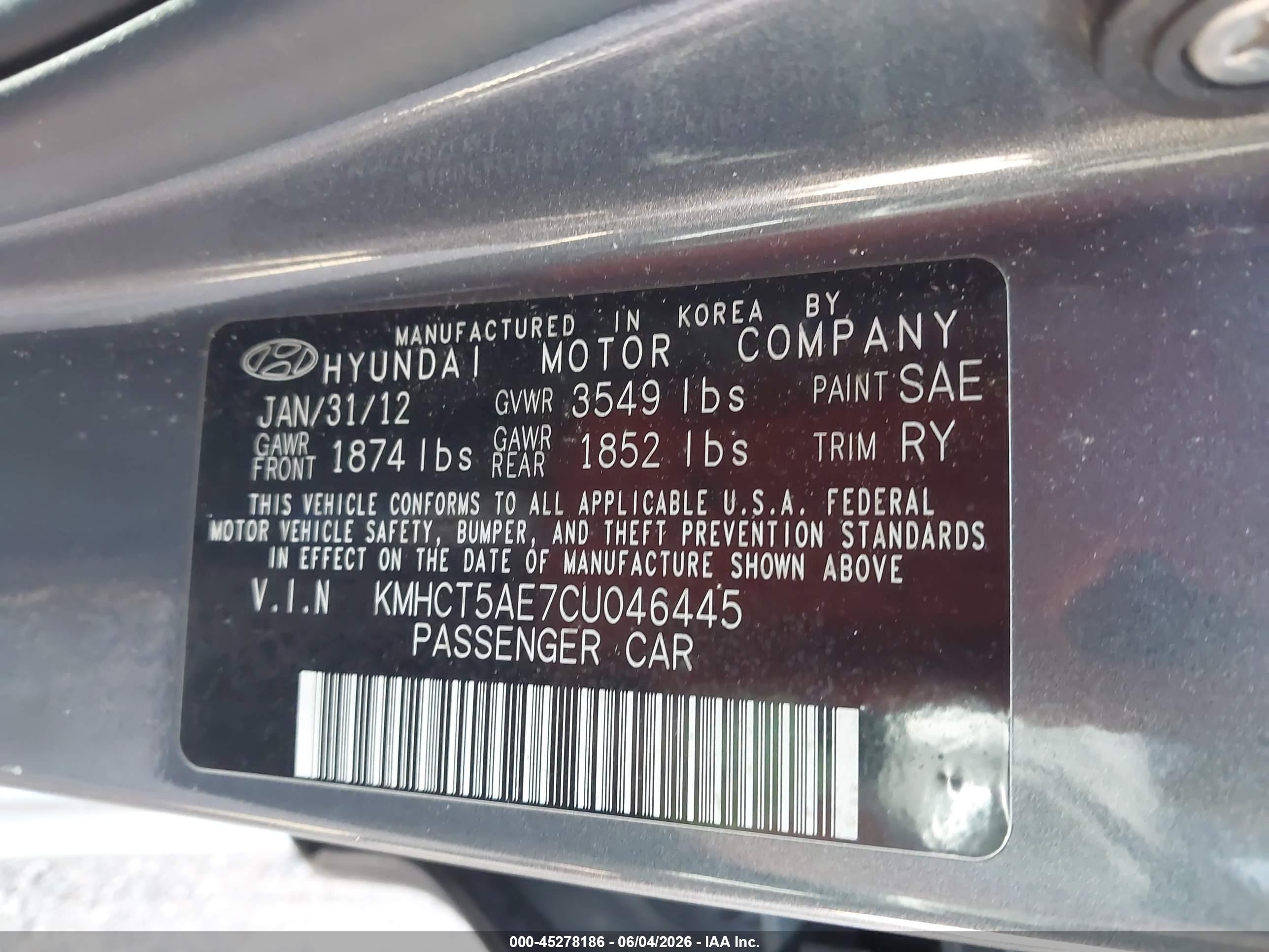 2012 Hyundai Accent Gs Black vin: KMHCT5AE7CU046445