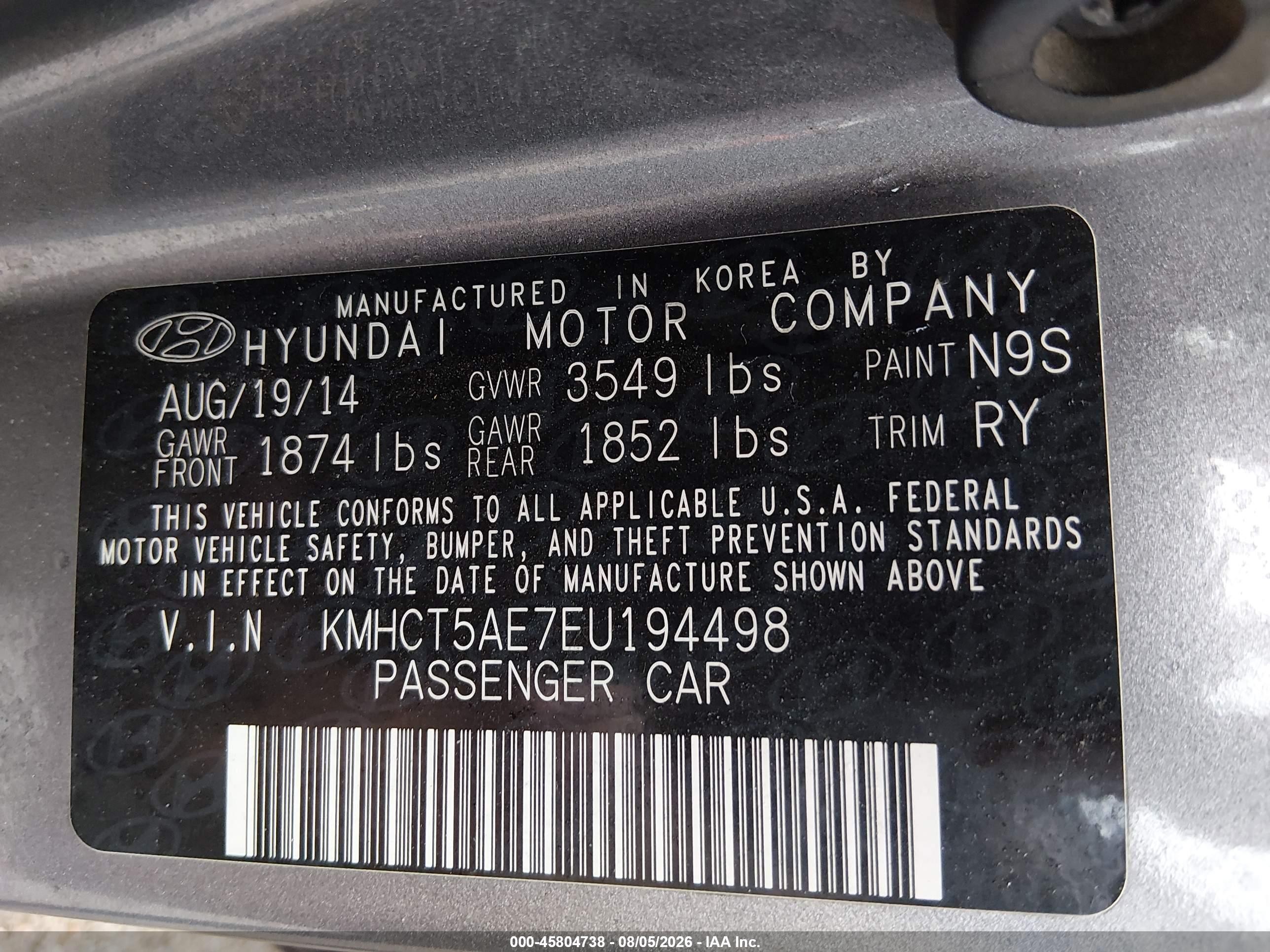 2014 Hyundai Accent Gs Gray vin: KMHCT5AE7EU194498