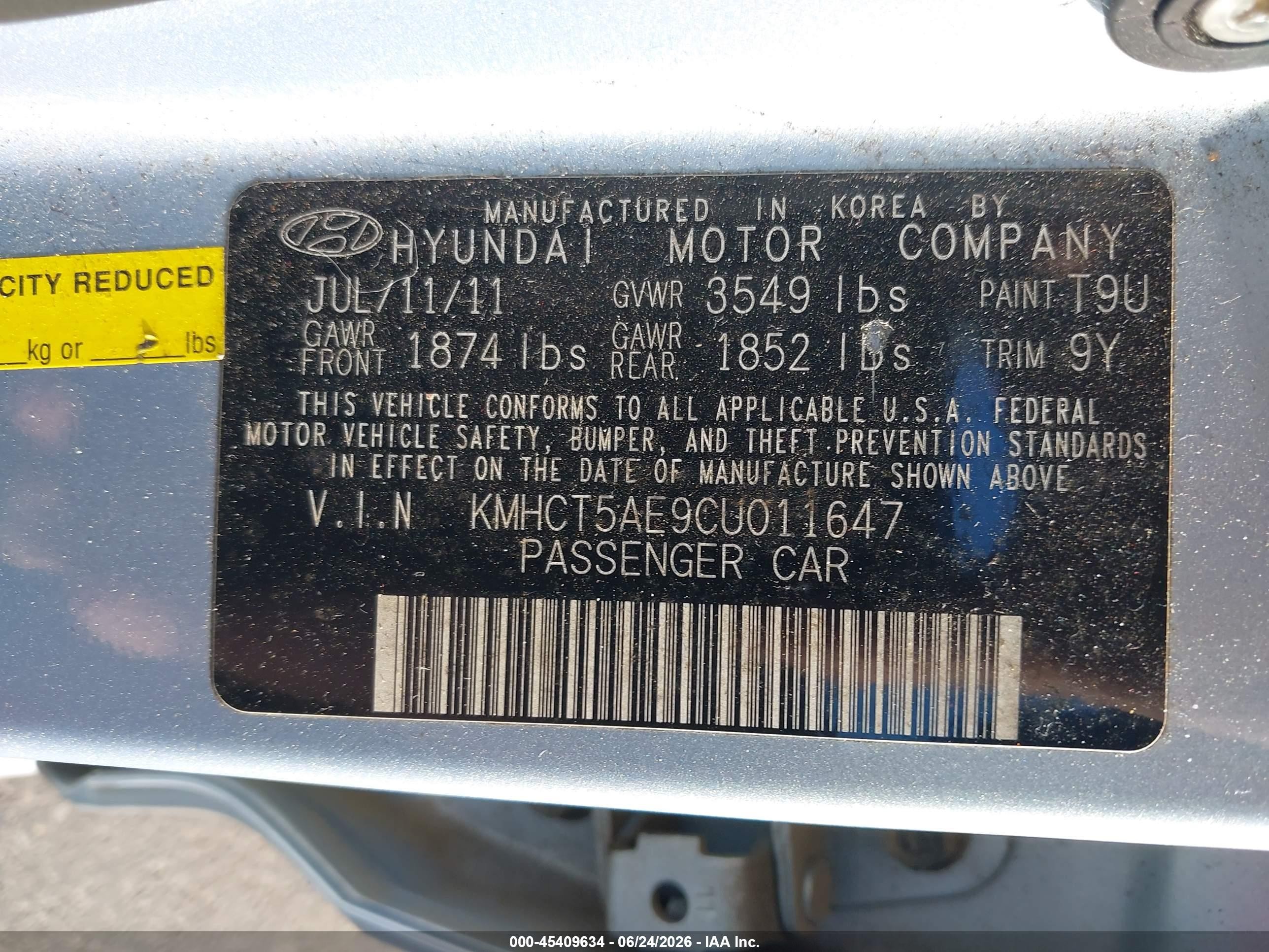 2012 Hyundai Accent Gs Light Blue vin: KMHCT5AE9CU011647