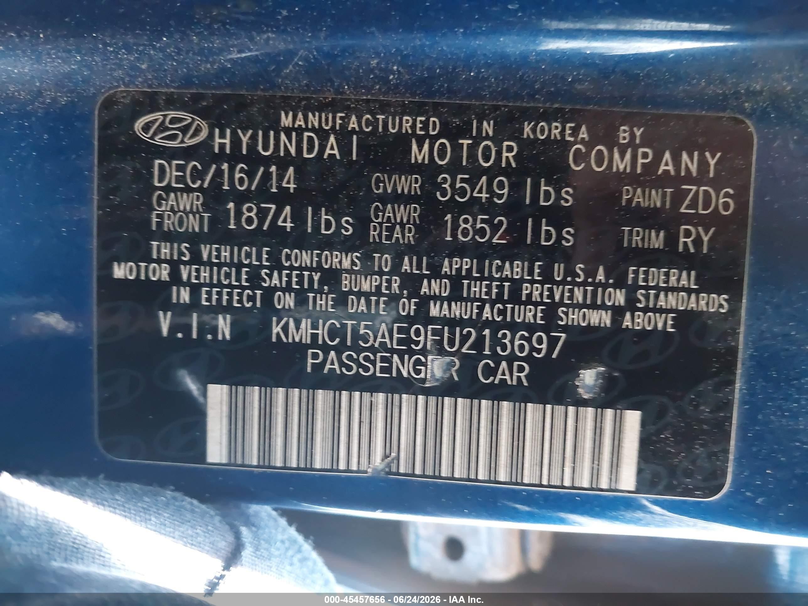 2015 Hyundai Accent Gs Blue vin: KMHCT5AE9FU213697