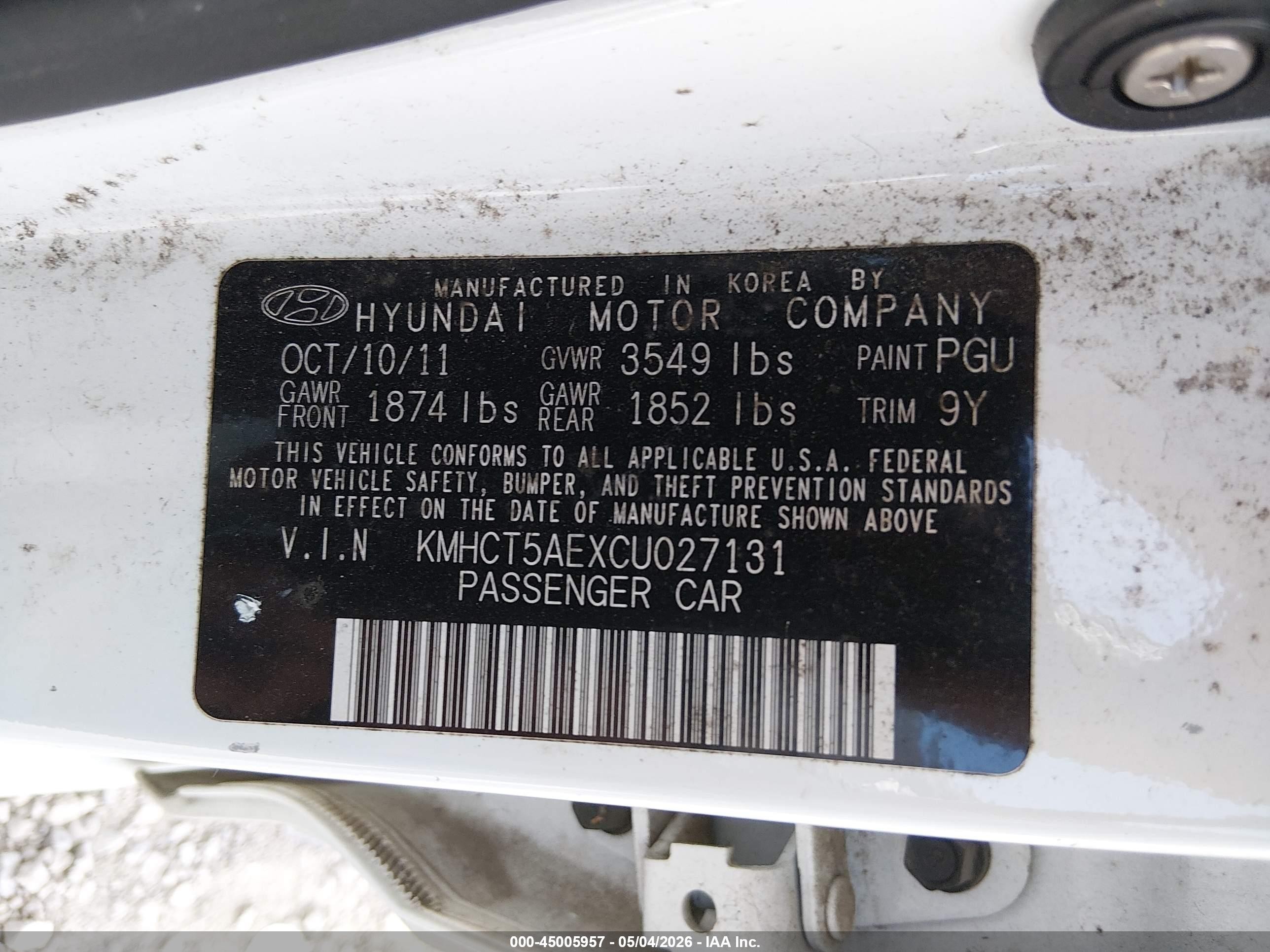 2012 Hyundai Accent Gs White vin: KMHCT5AEXCU027131