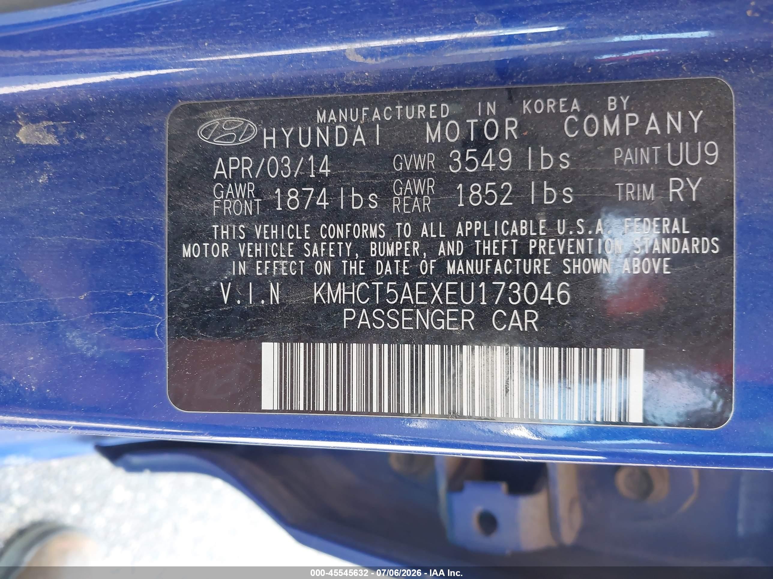 2014 Hyundai Accent Gs Blue vin: KMHCT5AEXEU173046