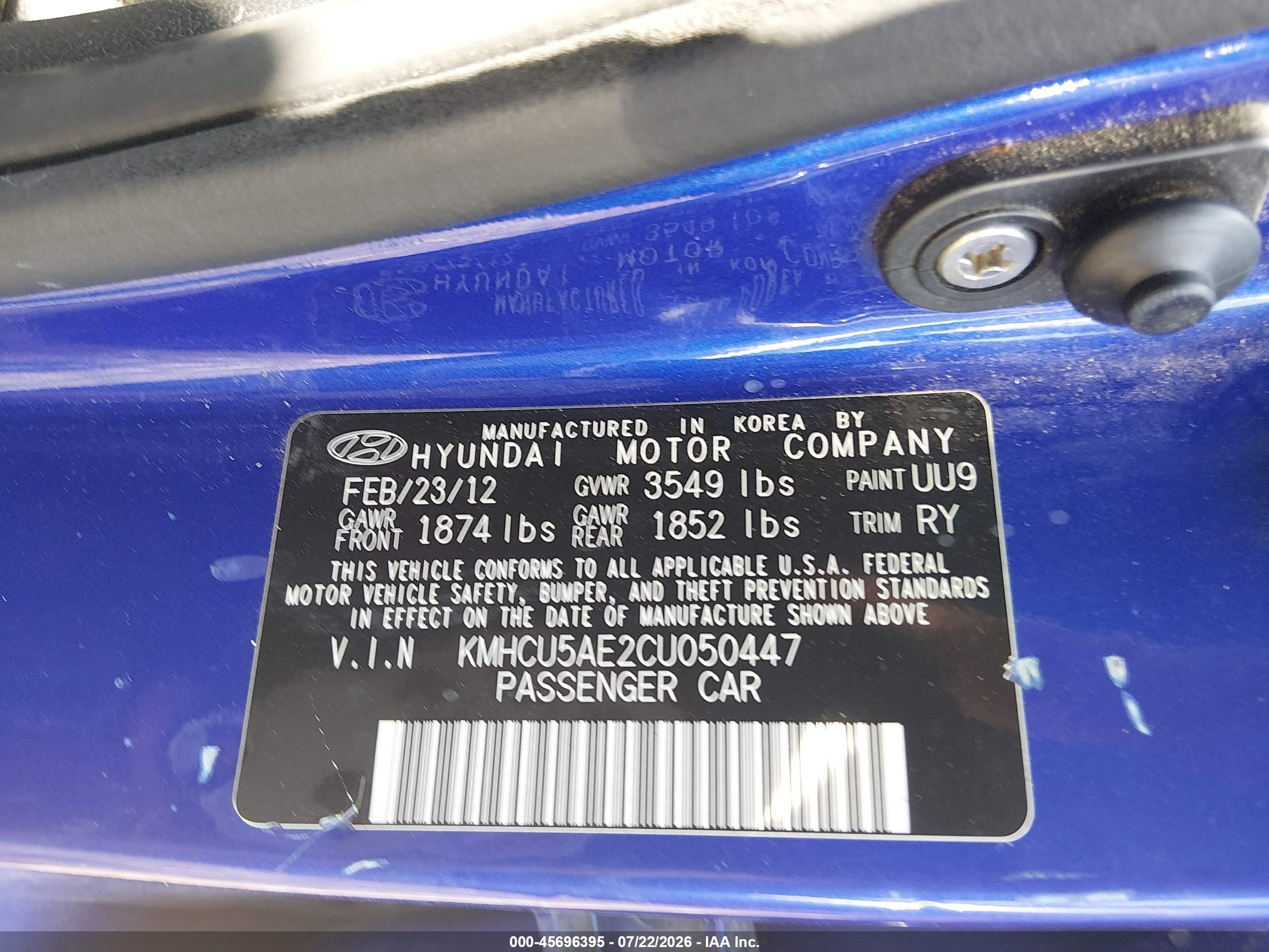 2012 Hyundai Accent Se Blue vin: KMHCU5AE2CU050447