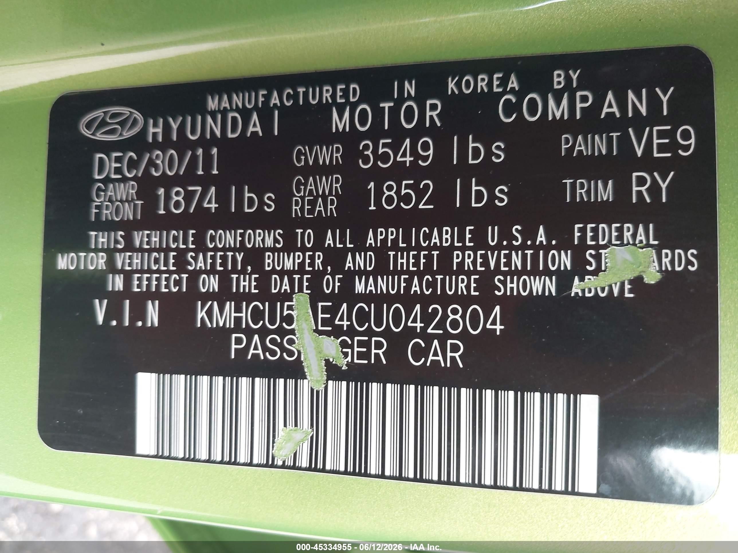 2012 Hyundai Accent Se Green vin: KMHCU5AE4CU042804