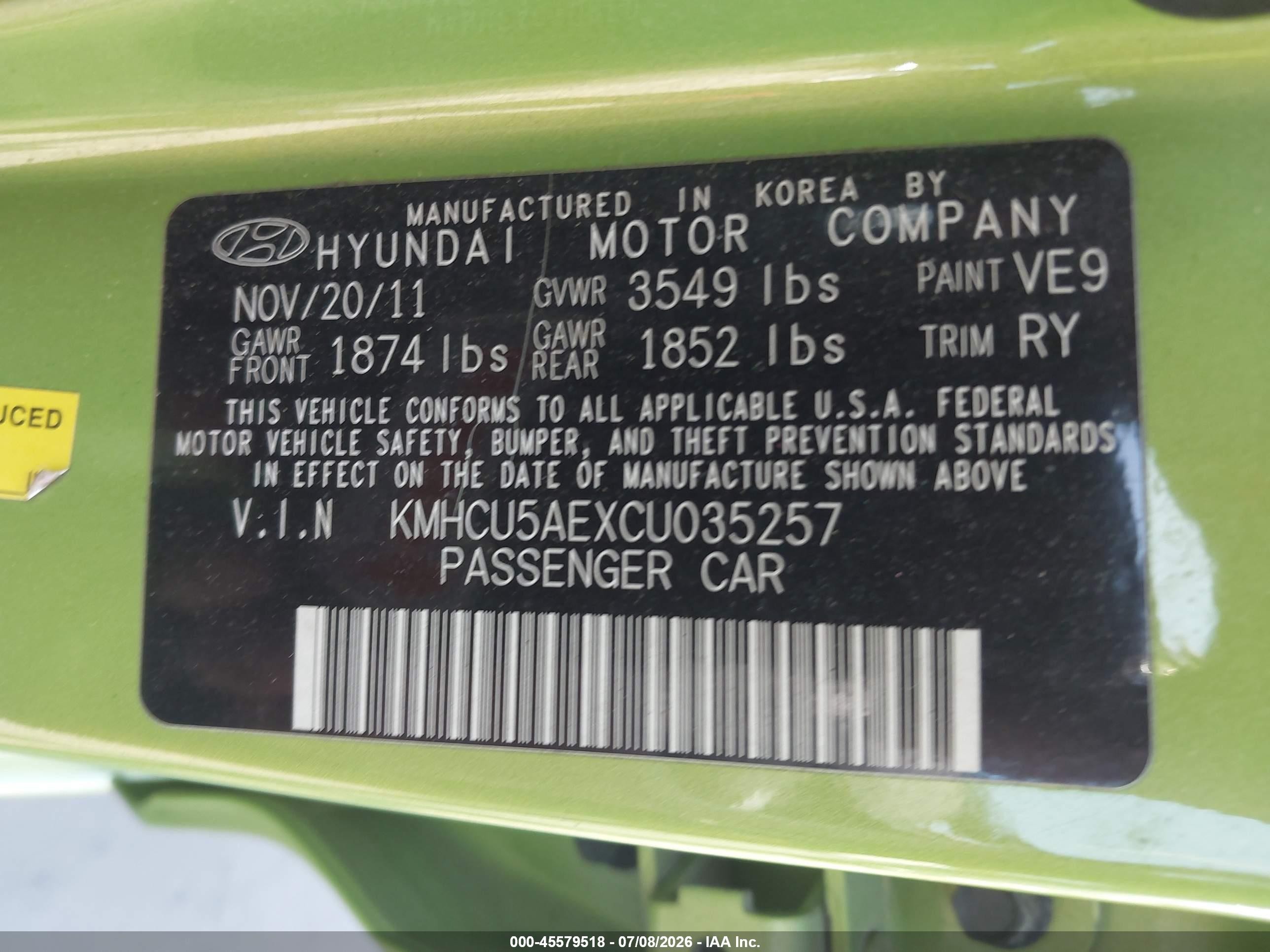 2012 Hyundai Accent Se Green vin: KMHCU5AEXCU035257