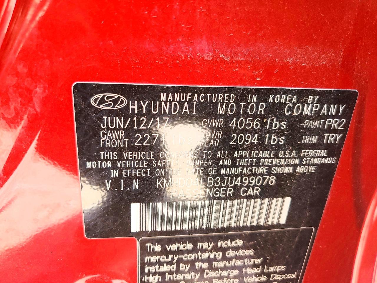 2018 Hyundai Elantra Sport Red vin: KMHD04LB3JU499078
