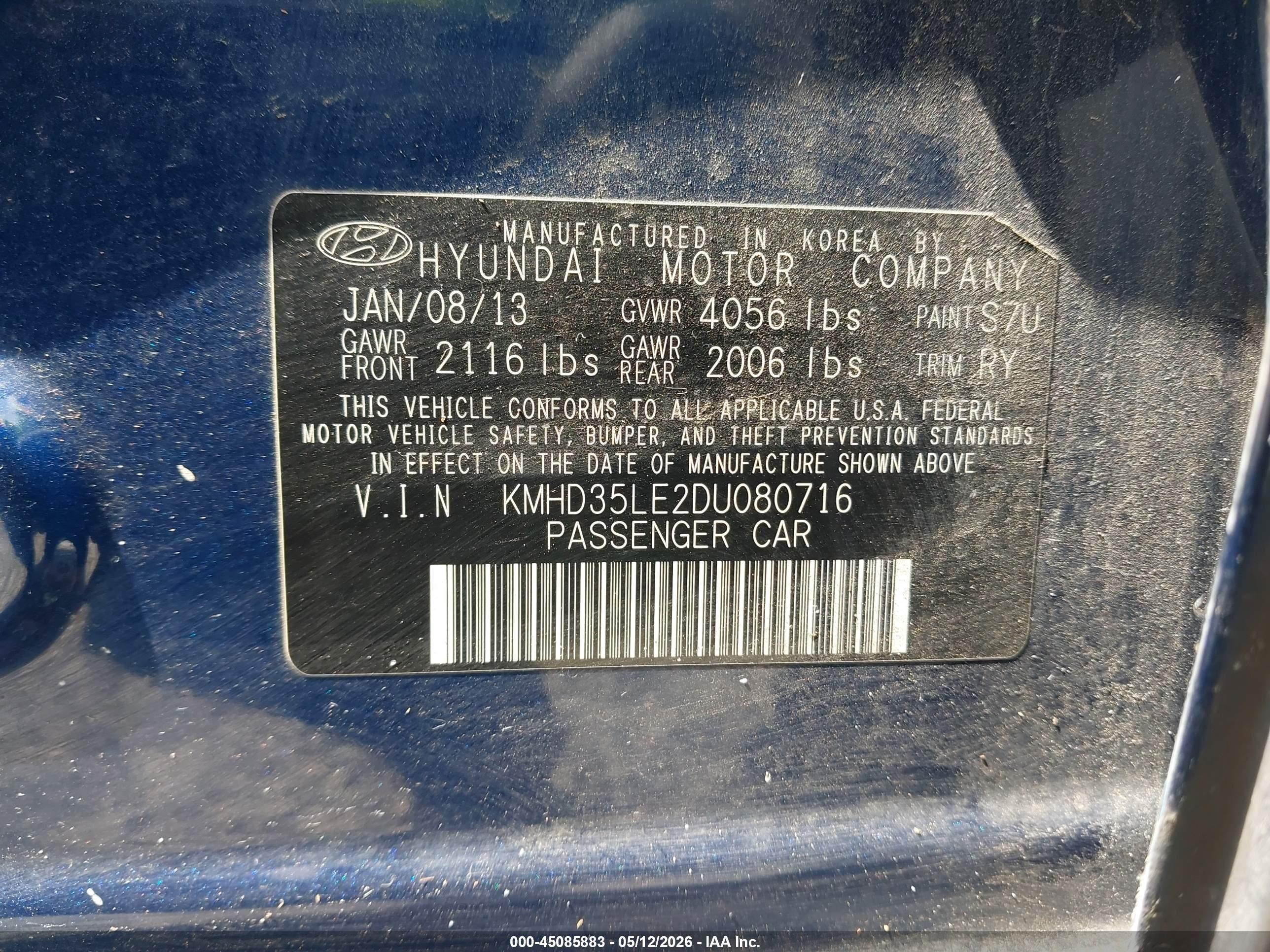 2013 Hyundai Elantra Gt   Blue vin: KMHD35LE2DU080716