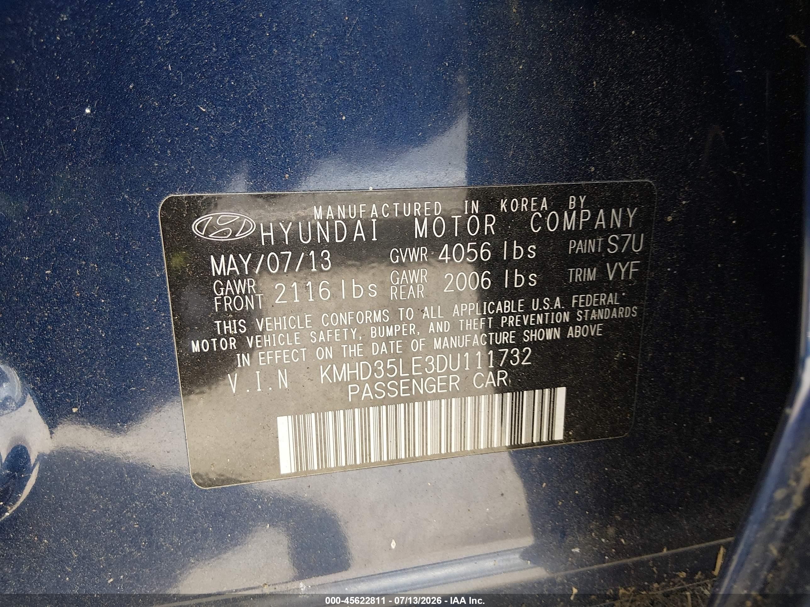 2013 Hyundai Elantra Gt   Blue vin: KMHD35LE3DU111732