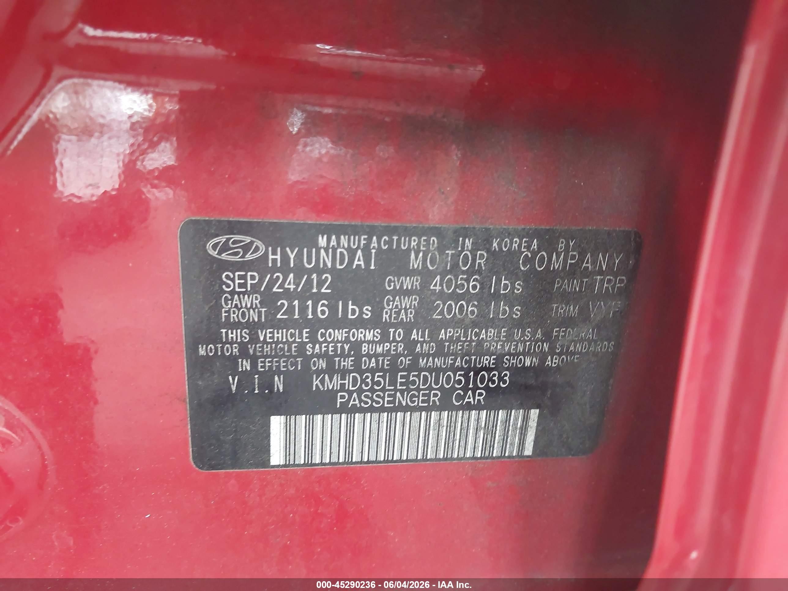 2013 Hyundai Elantra Gt   Red vin: KMHD35LE5DU051033