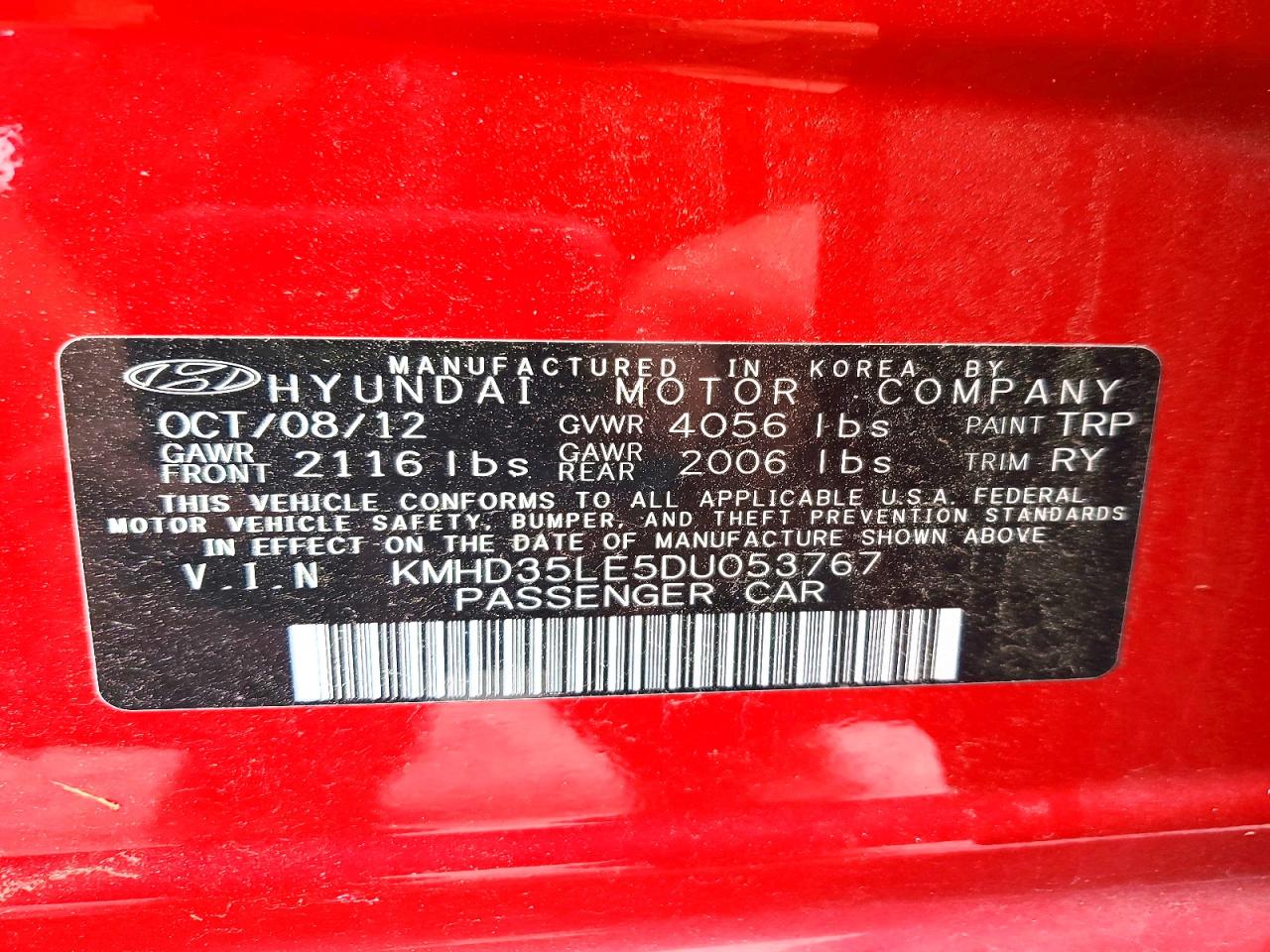 2013 Hyun Elantra Red vin: KMHD35LE5DU053767