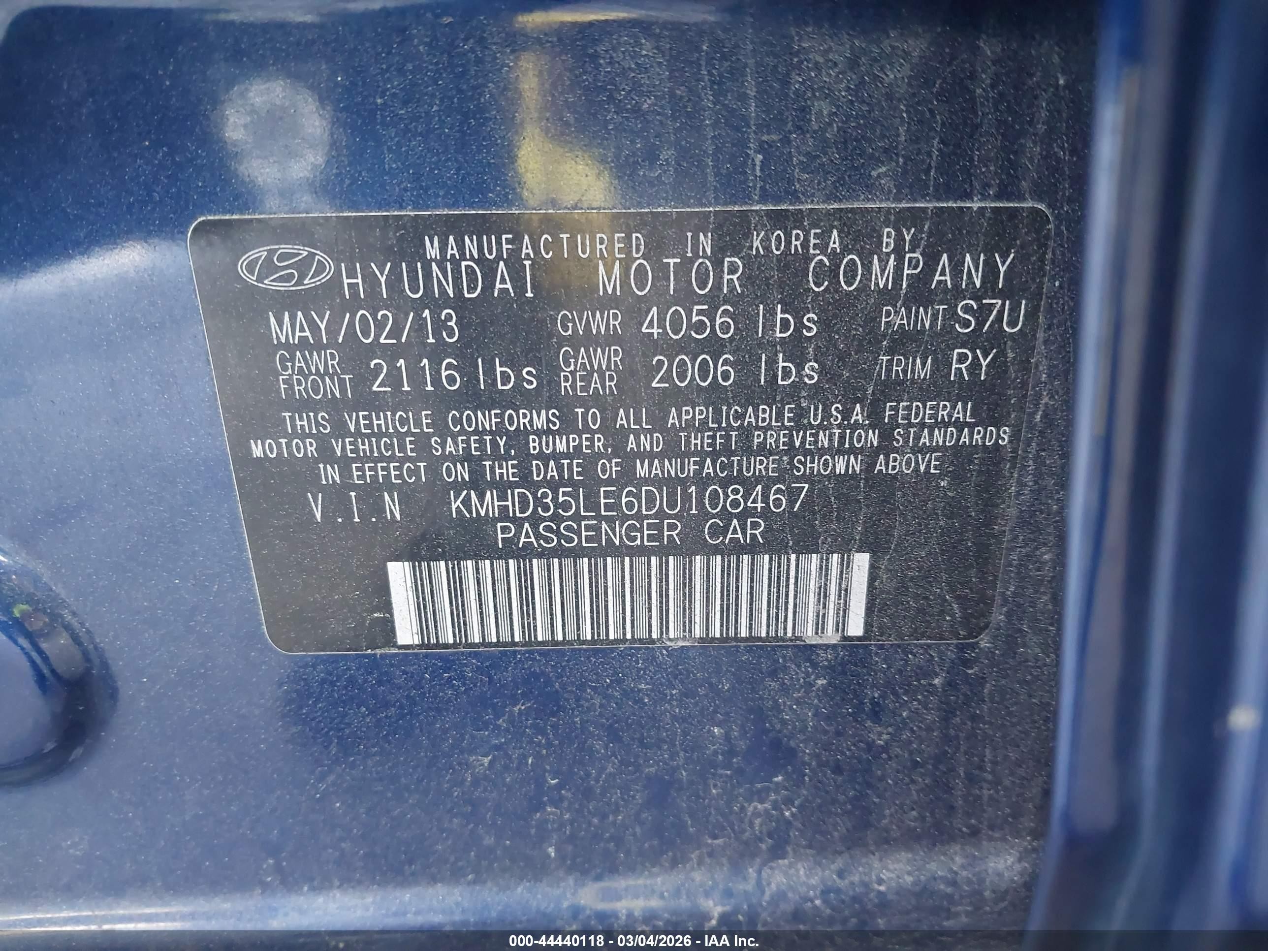 2013 Hyundai Elantra Gt   Blue vin: KMHD35LE6DU108467