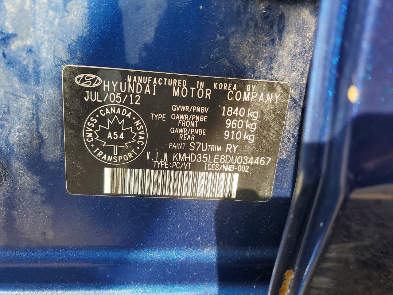 2013 Hyundai Elantra Gt Base Blue vin: KMHD35LE8DU034467