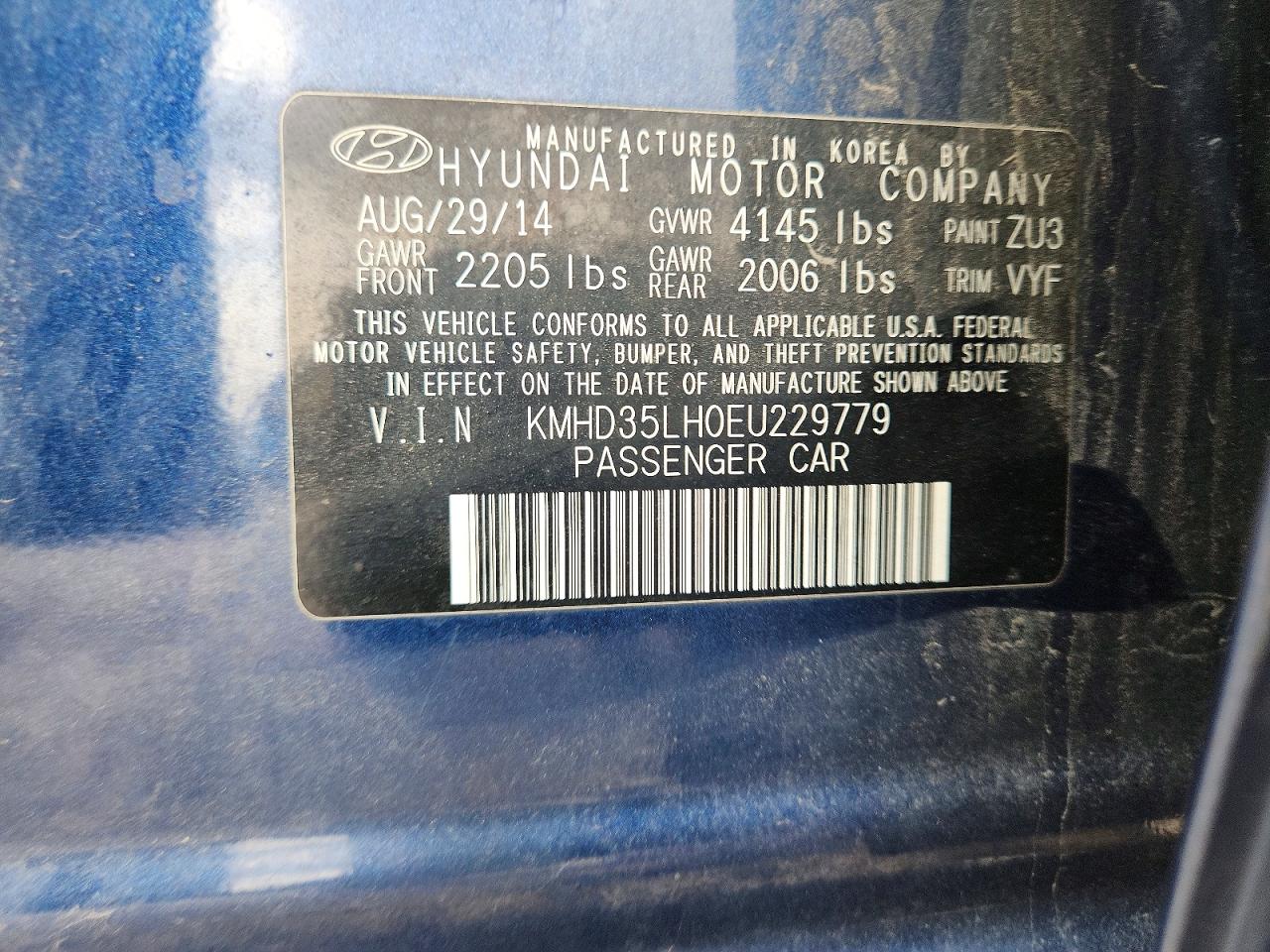 2014 Hyundai Elantra Gt Base Blue vin: KMHD35LH0EU229779