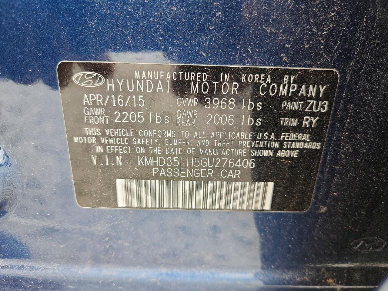 2016 Hyundai Elantra Gt Base Blue vin: KMHD35LH5GU276406