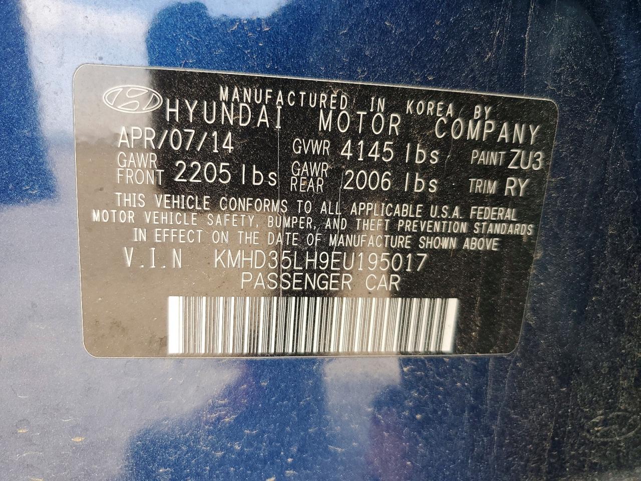 2014 Hyundai Elantra Gt Base Blue vin: KMHD35LH9EU195017