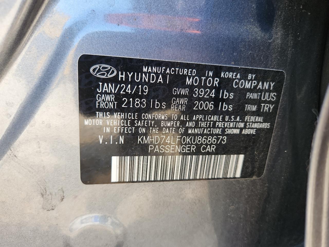 2019 Hyundai Elantra Se Gray vin: KMHD74LF0KU868673