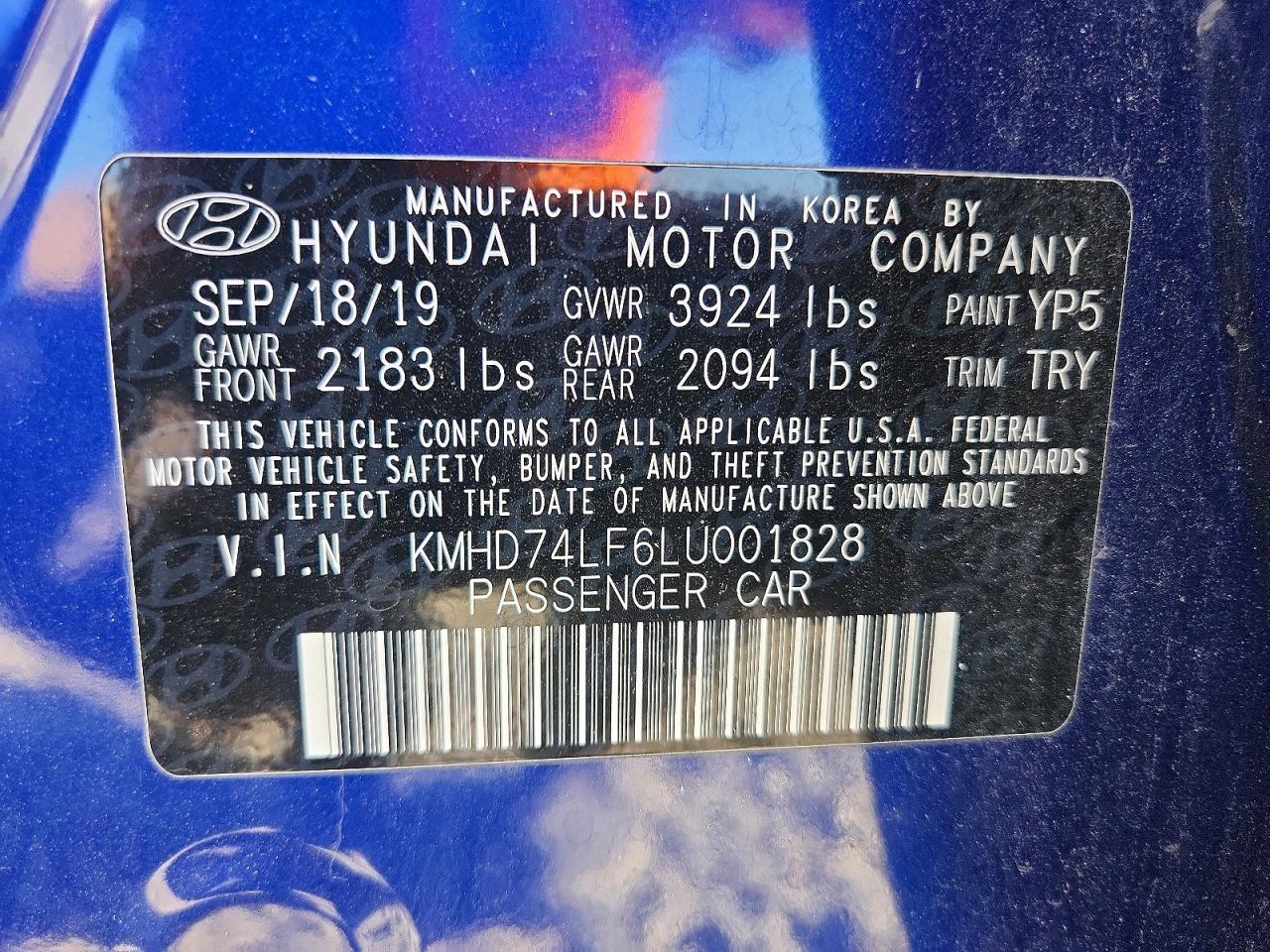 2020 Hyundai Elantra Se Blue vin: KMHD74LF6LU001828