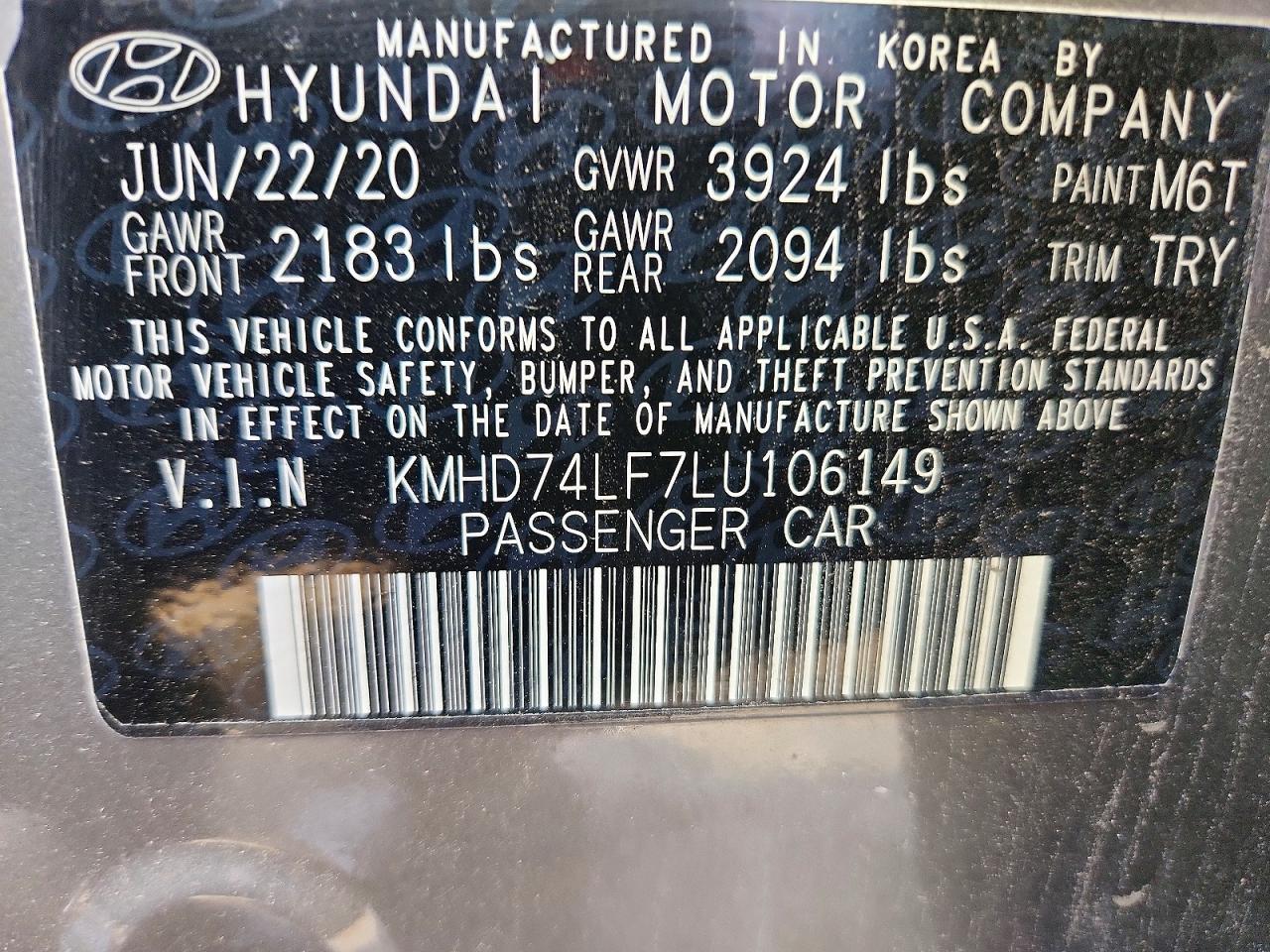 2020 Hyundai Elantra Se Gray vin: KMHD74LF7LU106149