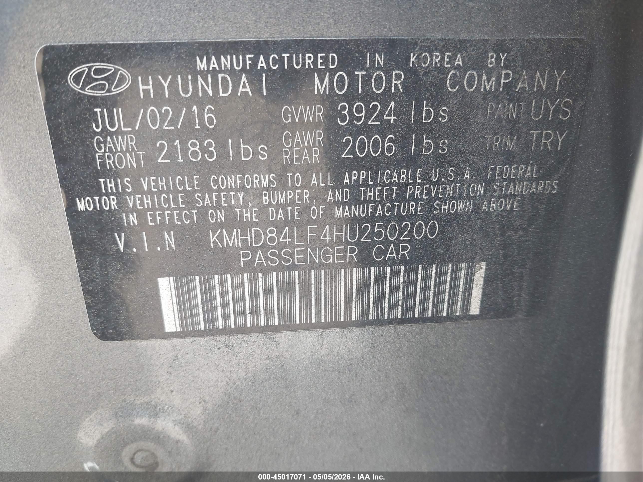 2017 Hyundai Elantra Value Edition Gray vin: KMHD84LF4HU250200