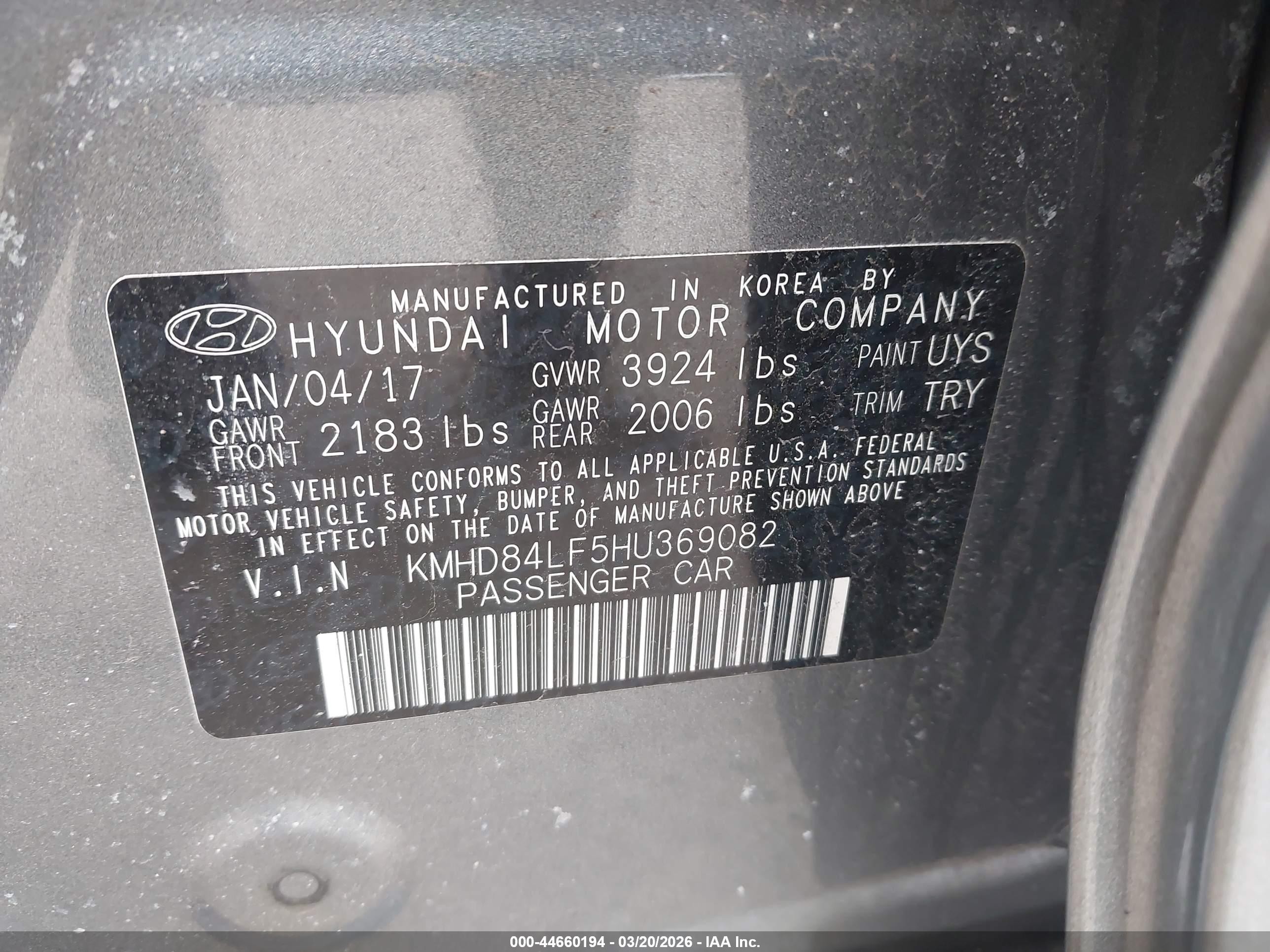 2017 Hyundai Elantra Value Edition Gray vin: KMHD84LF5HU369082