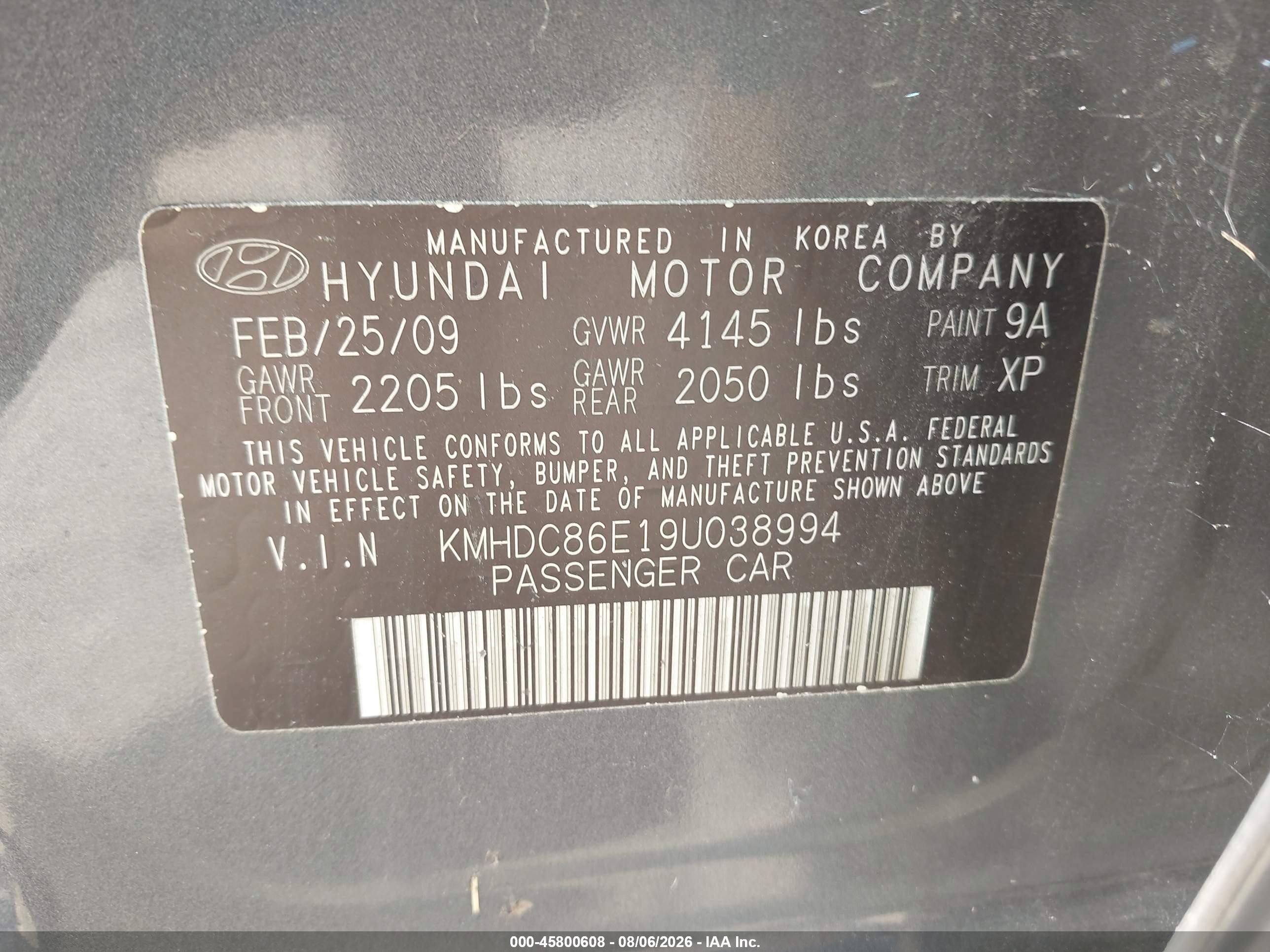 2009 Hyundai Elantra Touring   Gray vin: KMHDC86E19U038994