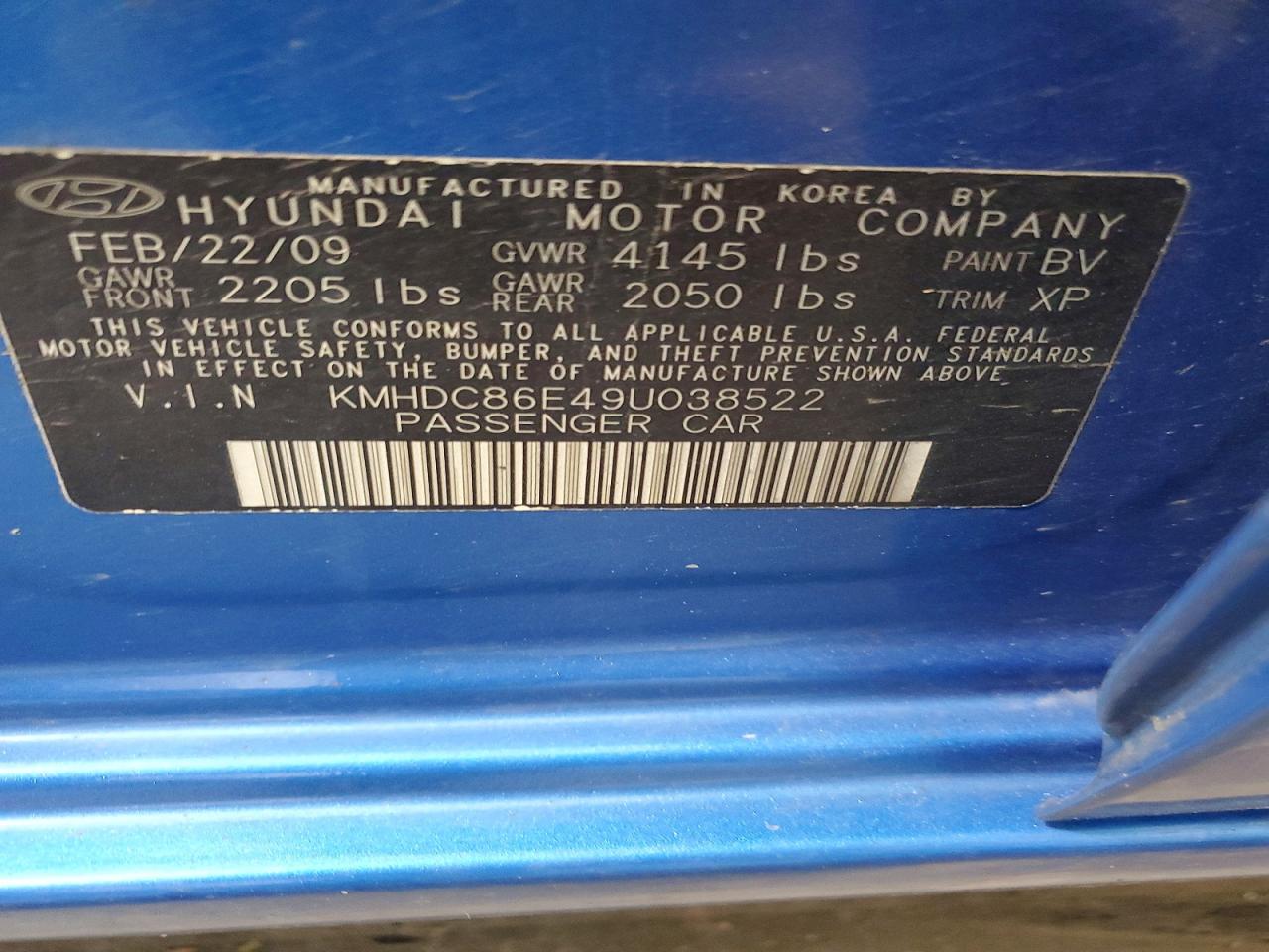 2009 Hyundai Elantra Blue vin: KMHDC86E49U038522