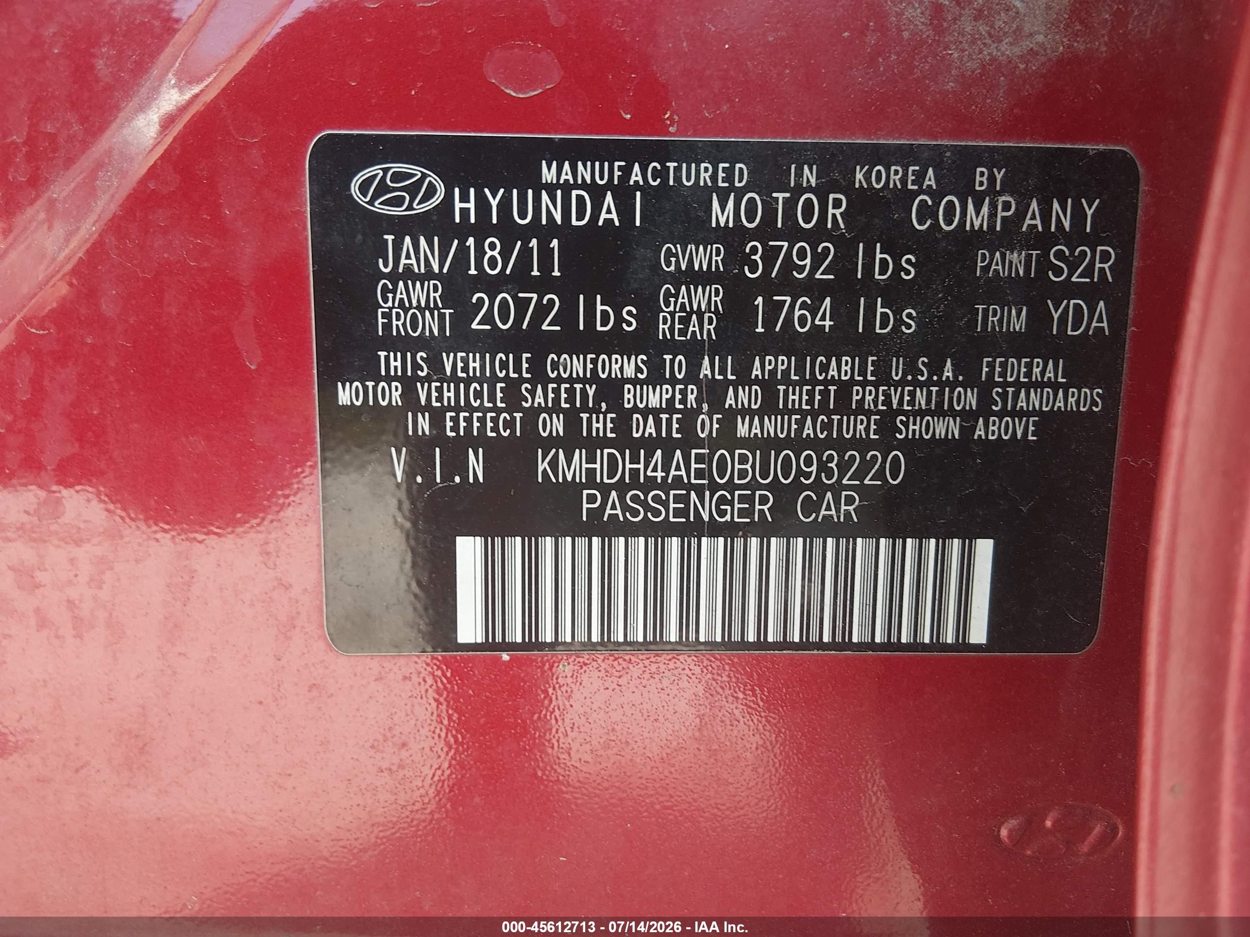 2011 Hyundai Elantra Gls (ulsan Plant) Red vin: KMHDH4AE0BU093220