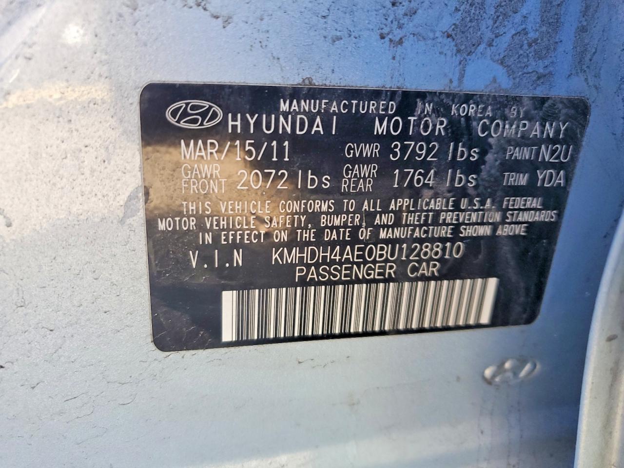 2011 Hyundai Elentra Blue vin: KMHDH4AE0BU128810