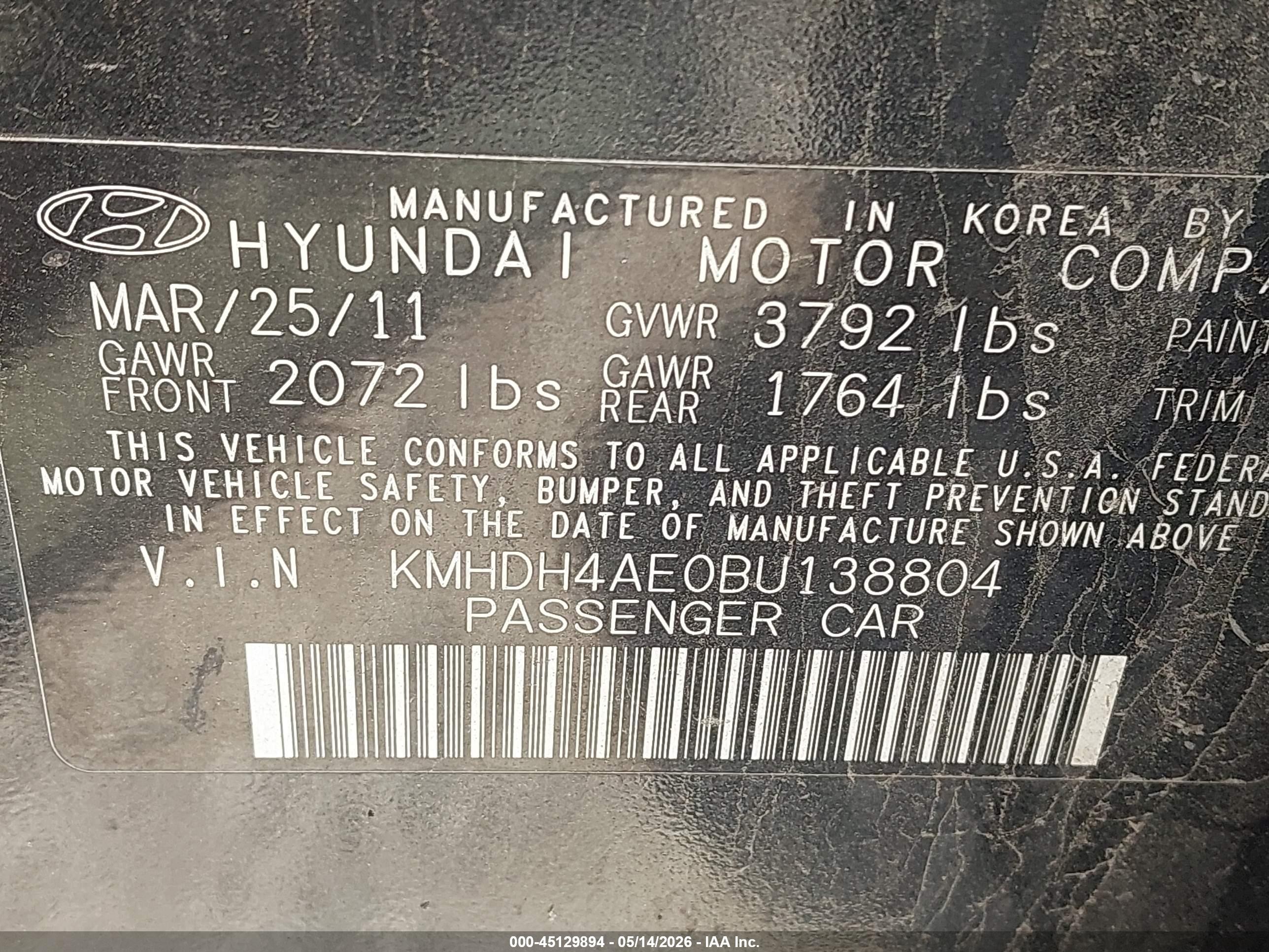 2011 Hyundai Elantra Limited (ulsan Plant) Black vin: KMHDH4AE0BU138804