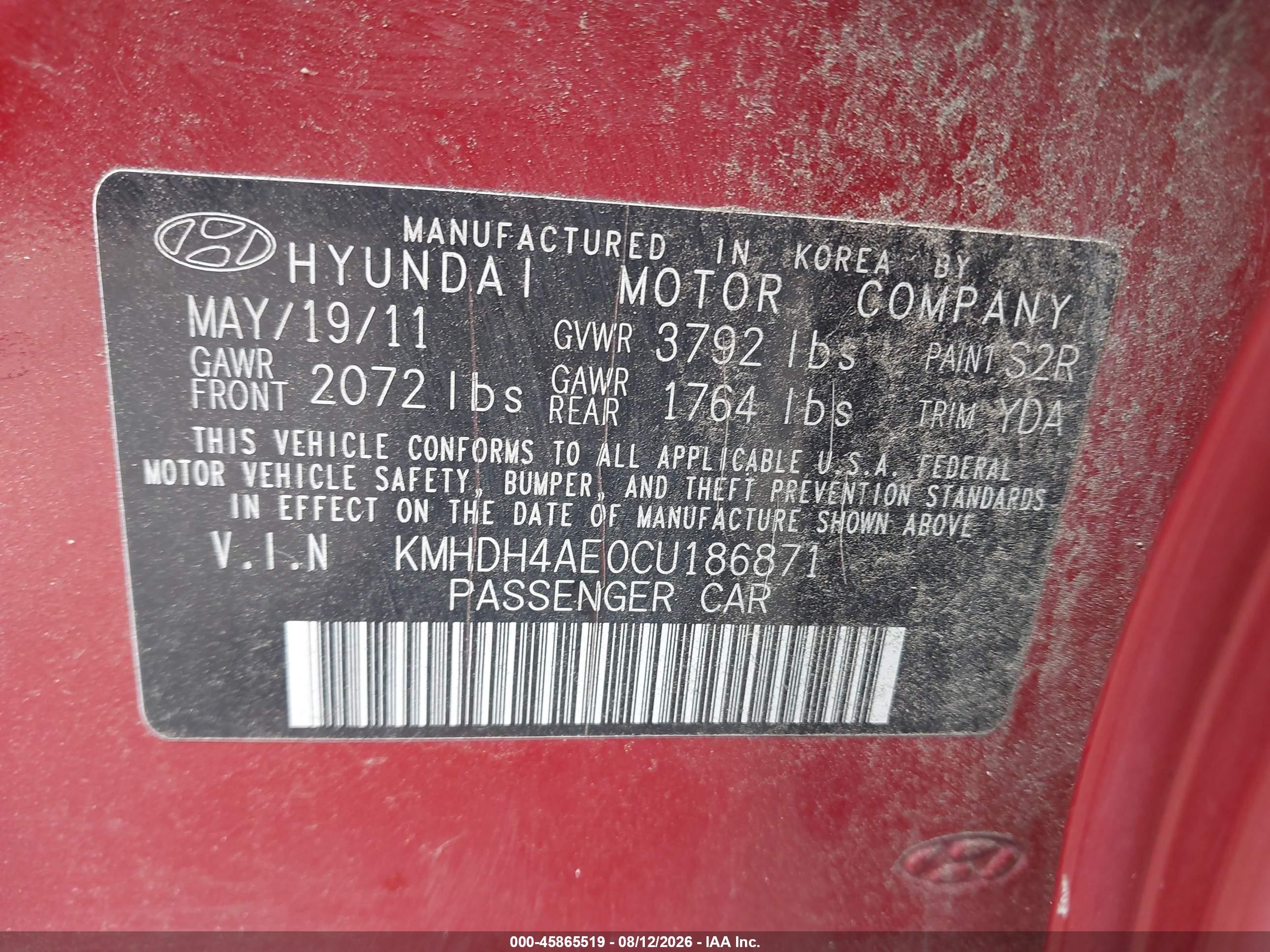 2012 Hyundai Elantra Limited (ulsan Plant) Red vin: KMHDH4AE0CU186871