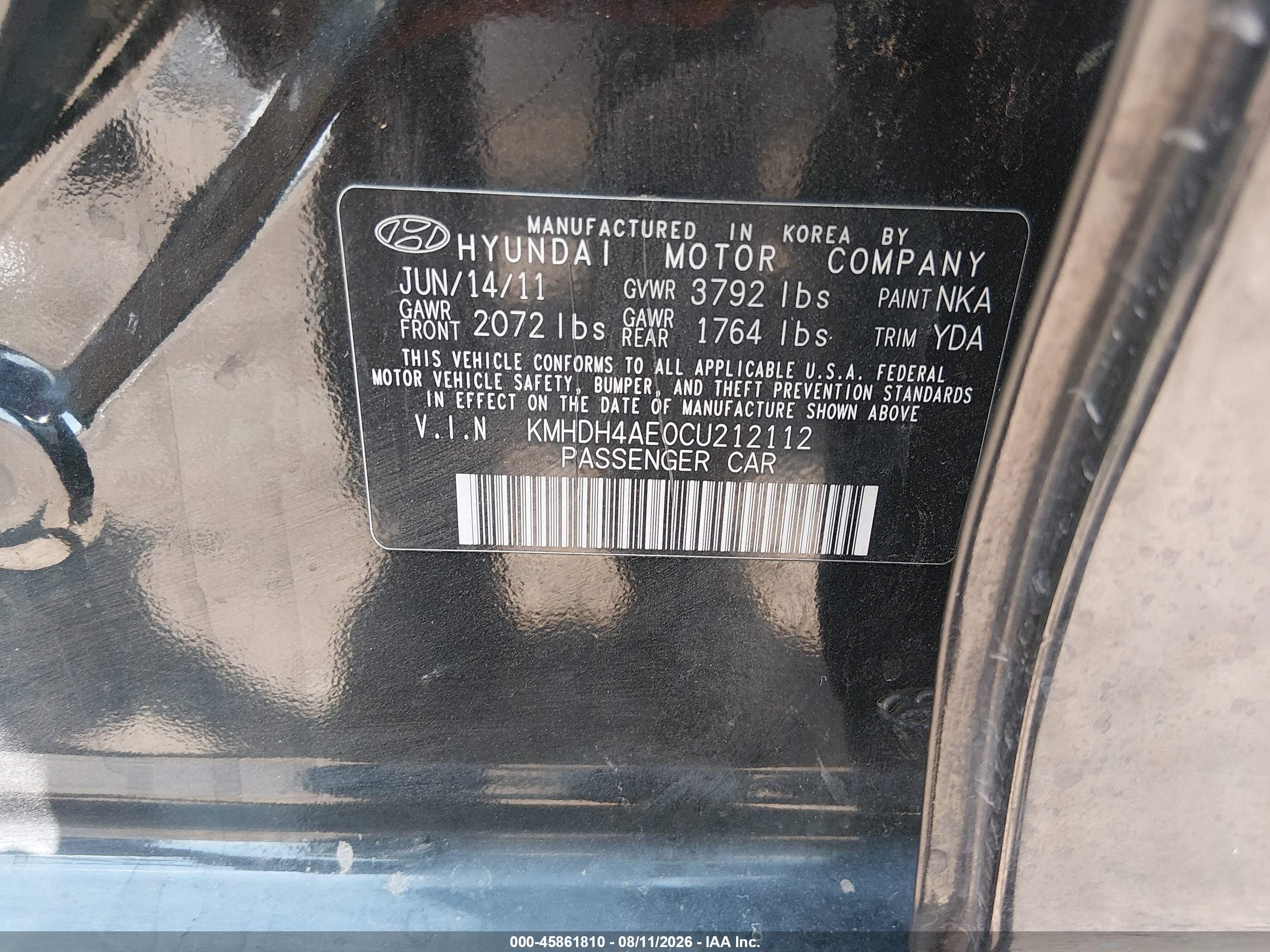 2012 Hyundai Elantra Limited (ulsan Plant) Black vin: KMHDH4AE0CU212112