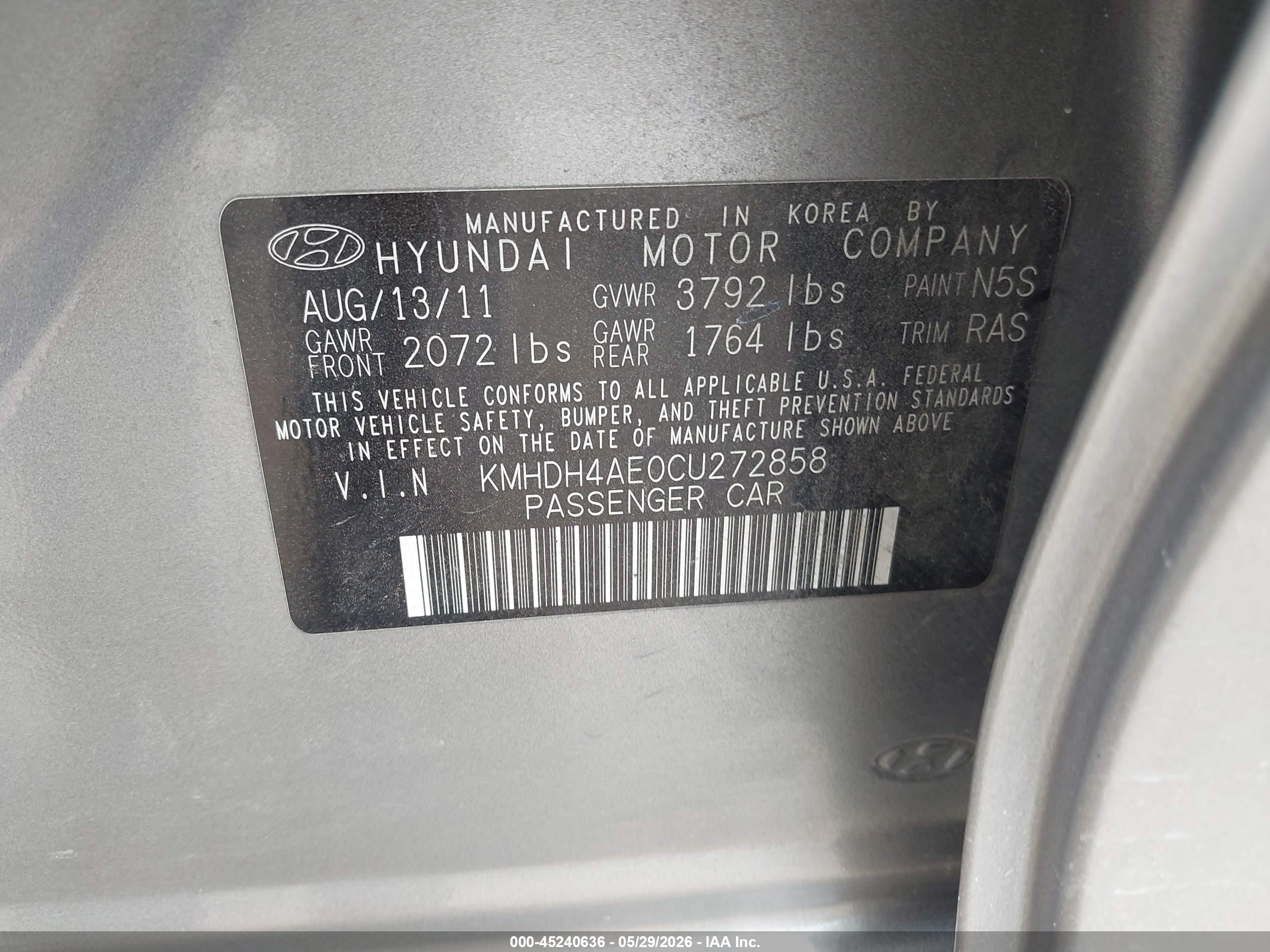 2012 Hyundai Elantra Limited (ulsan Plant) Gray vin: KMHDH4AE0CU272858