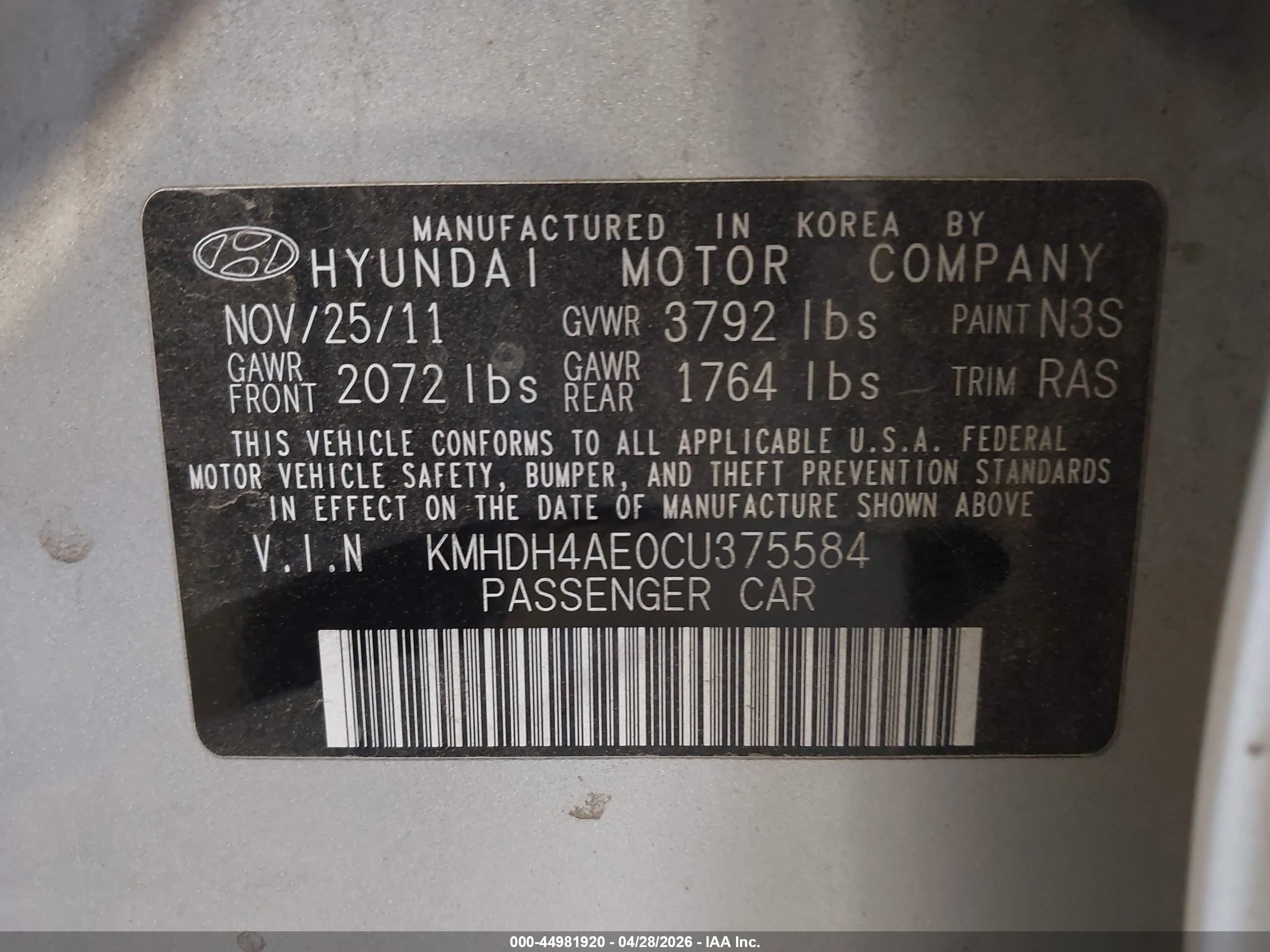 2012 Hyundai Elantra Gls (ulsan Plant) Silver vin: KMHDH4AE0CU375584