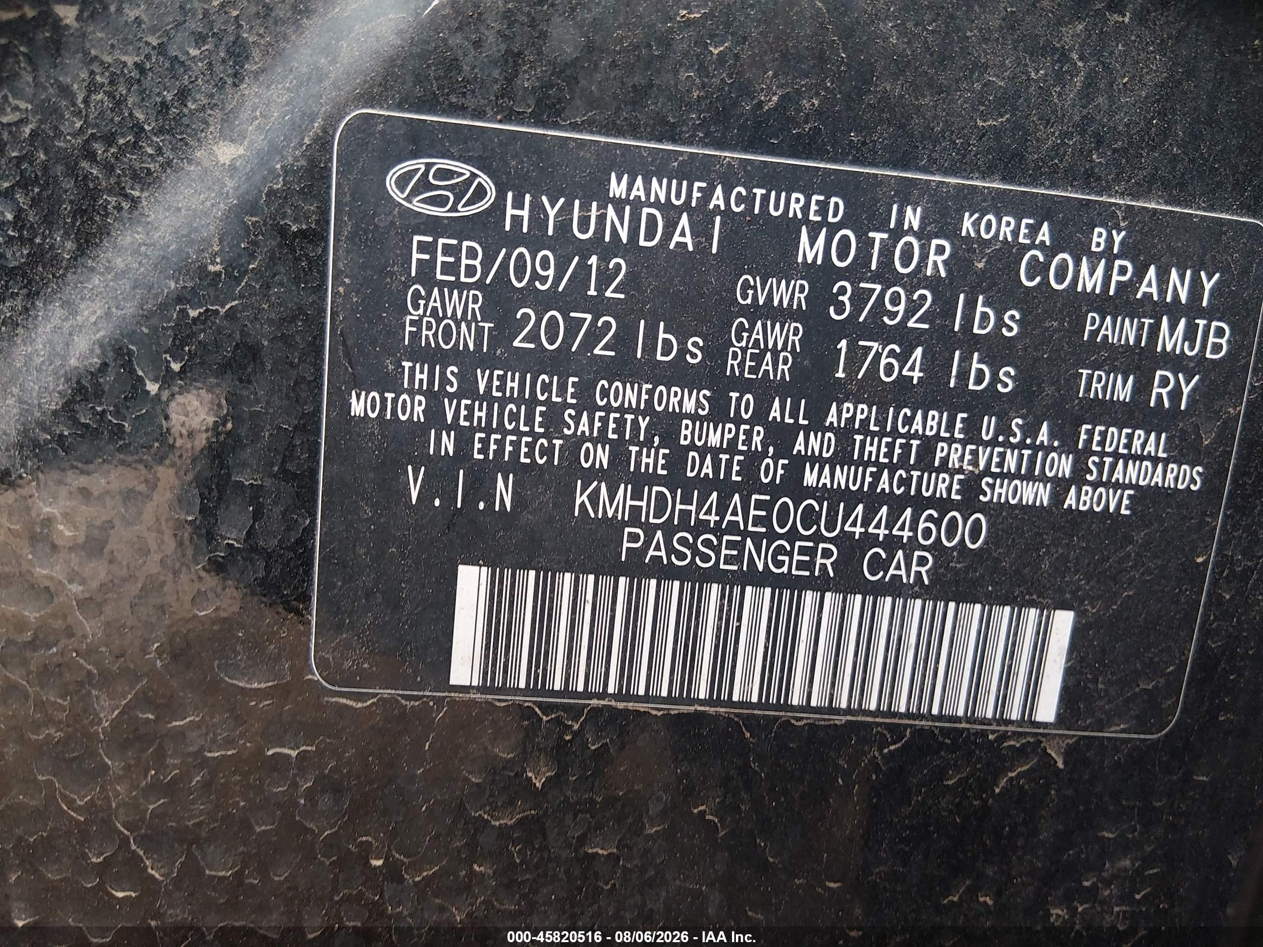 2012 Hyundai Elantra Limited (ulsan Plant) Black vin: KMHDH4AE0CU444600