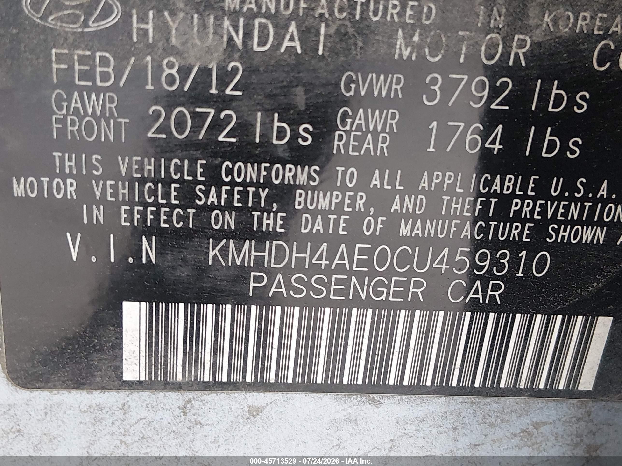 2012 Hyundai Elantra Limited (ulsan Plant) Blue vin: KMHDH4AE0CU459310