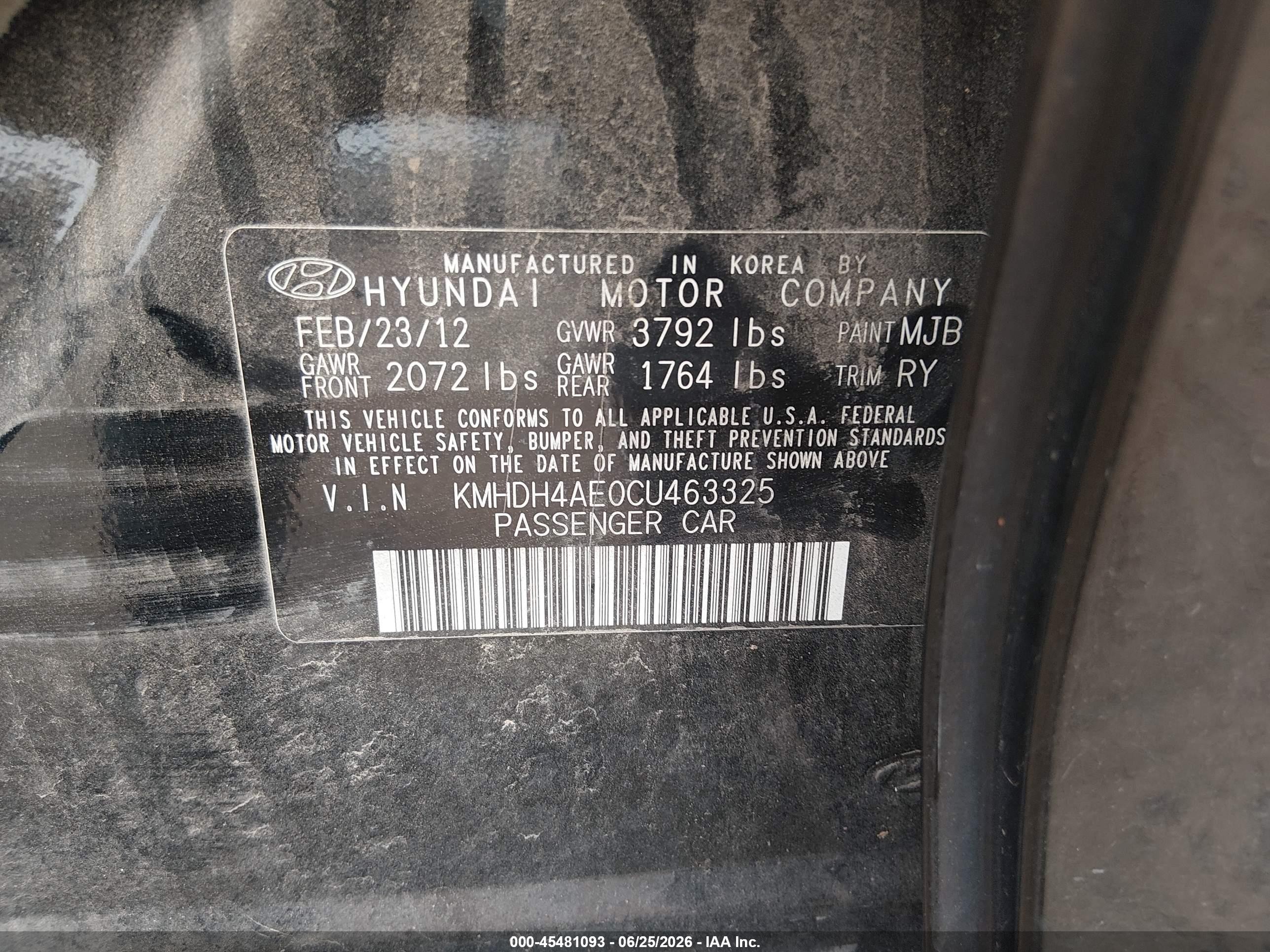 2012 Hyundai Elantra Limited (ulsan Plant) Черный vin: KMHDH4AE0CU463325