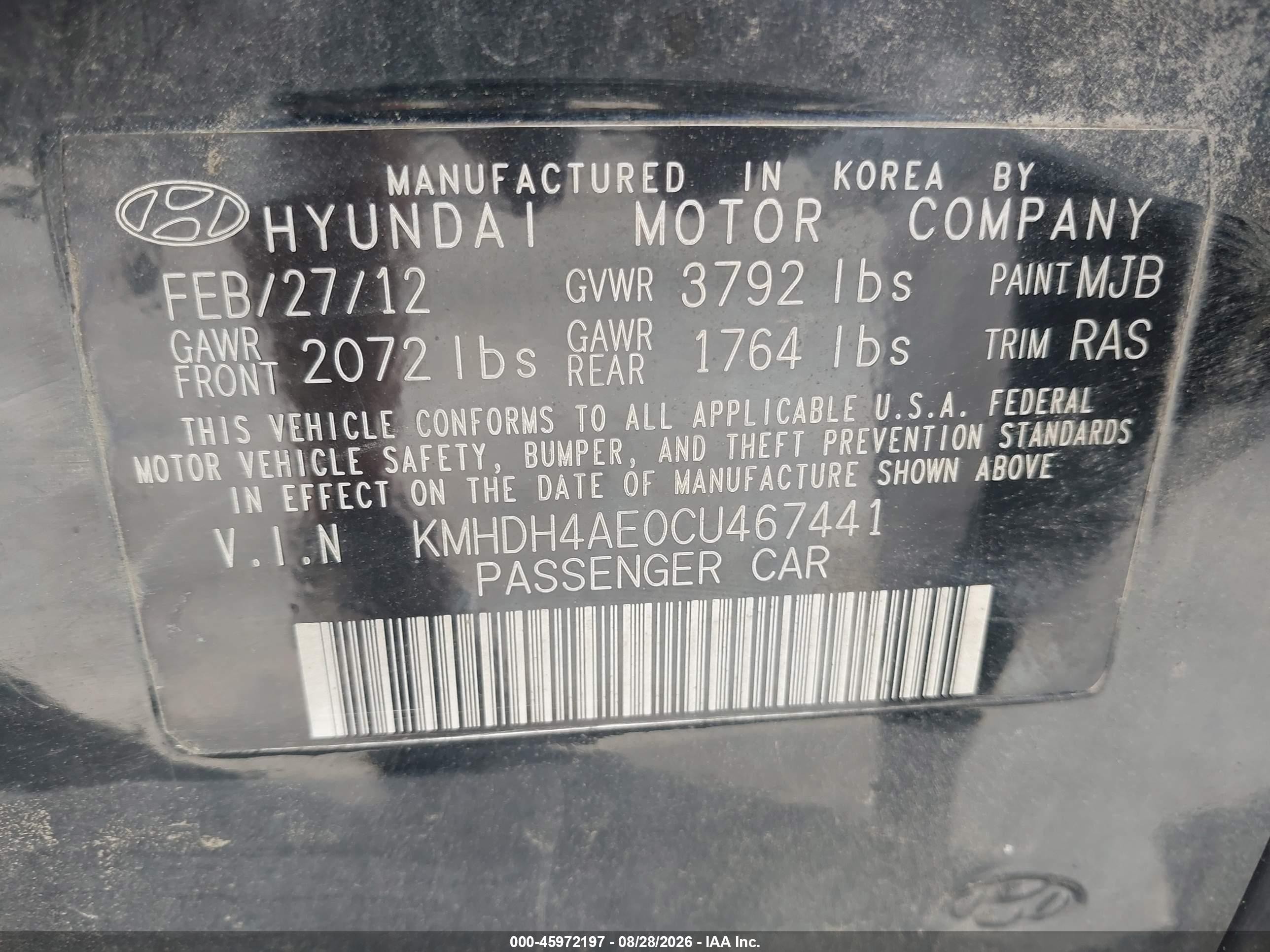 2012 Hyundai Elantra Gls (ulsan Plant) Black vin: KMHDH4AE0CU467441