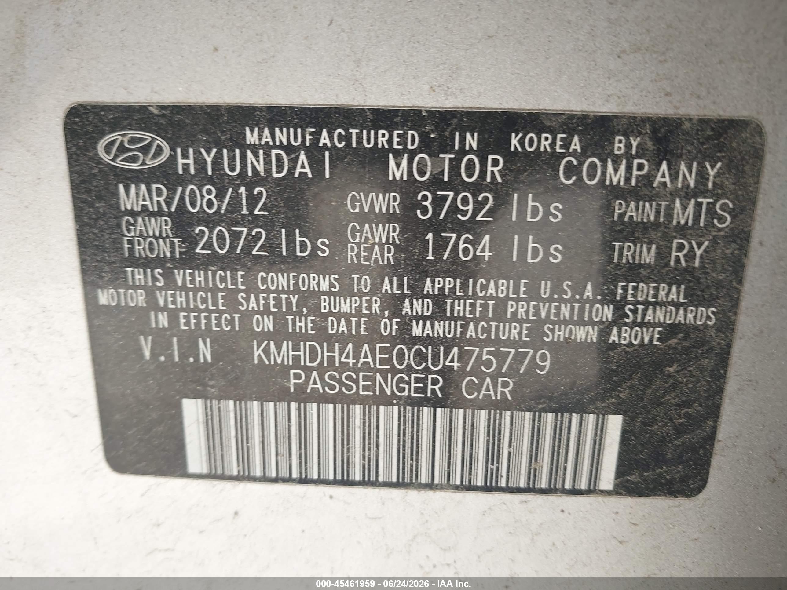 2012 Hyundai Elantra Limited (ulsan Plant) Серебряный vin: KMHDH4AE0CU475779