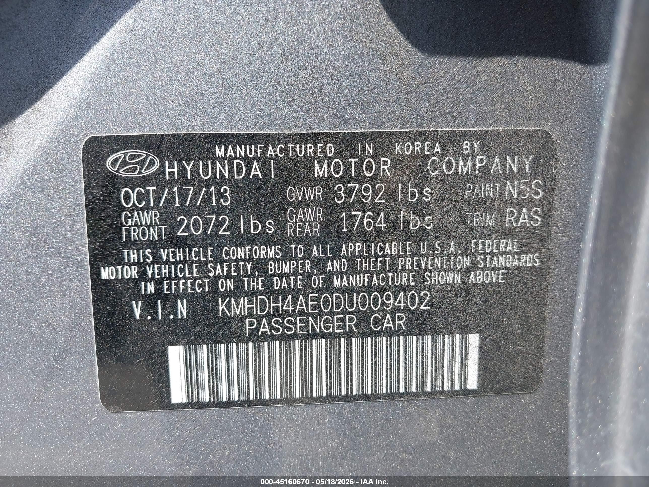2013 Hyundai Elantra Gls Gray vin: KMHDH4AE0DU009402