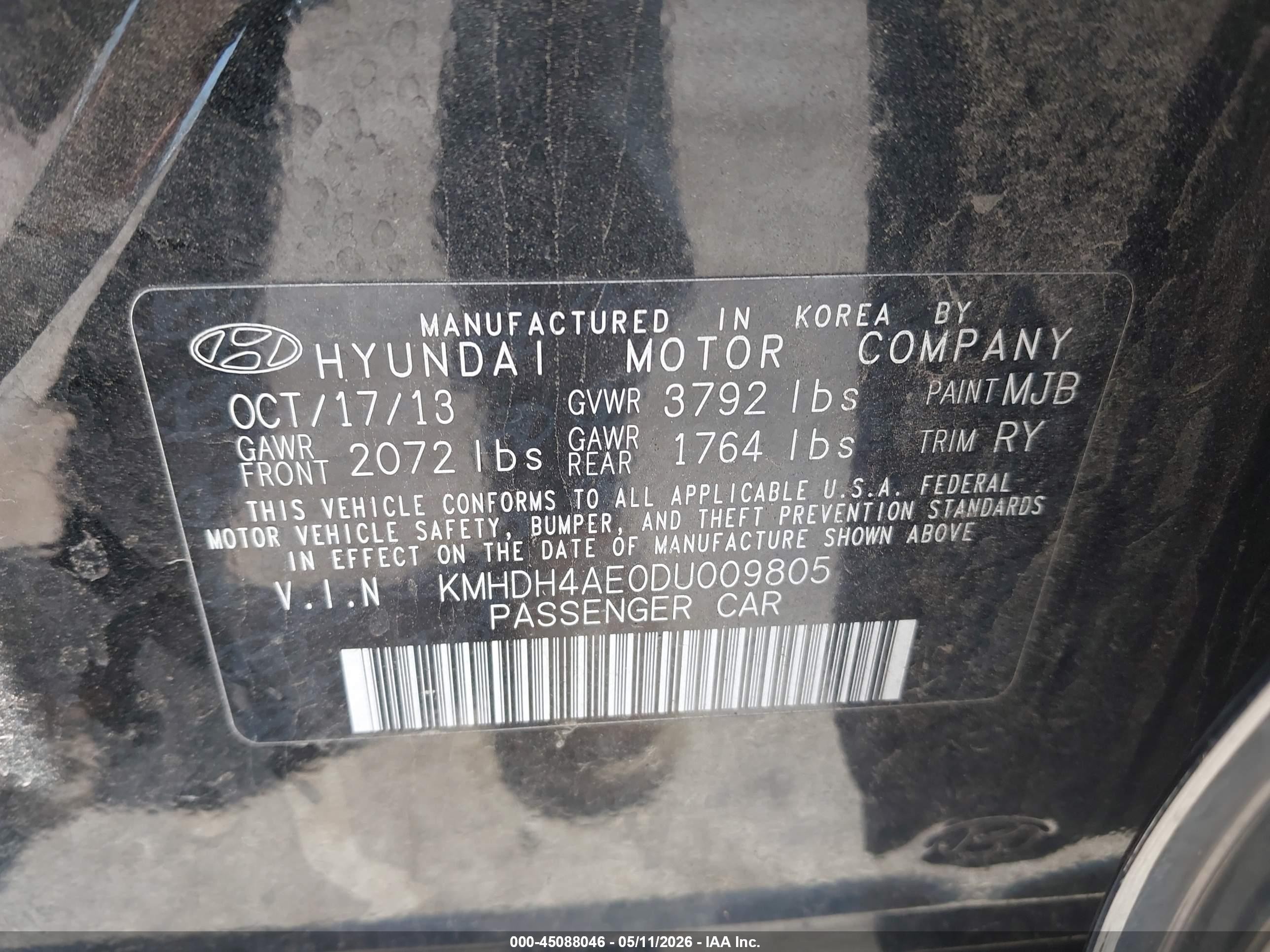2013 Hyundai Elantra Limited Black vin: KMHDH4AE0DU009805