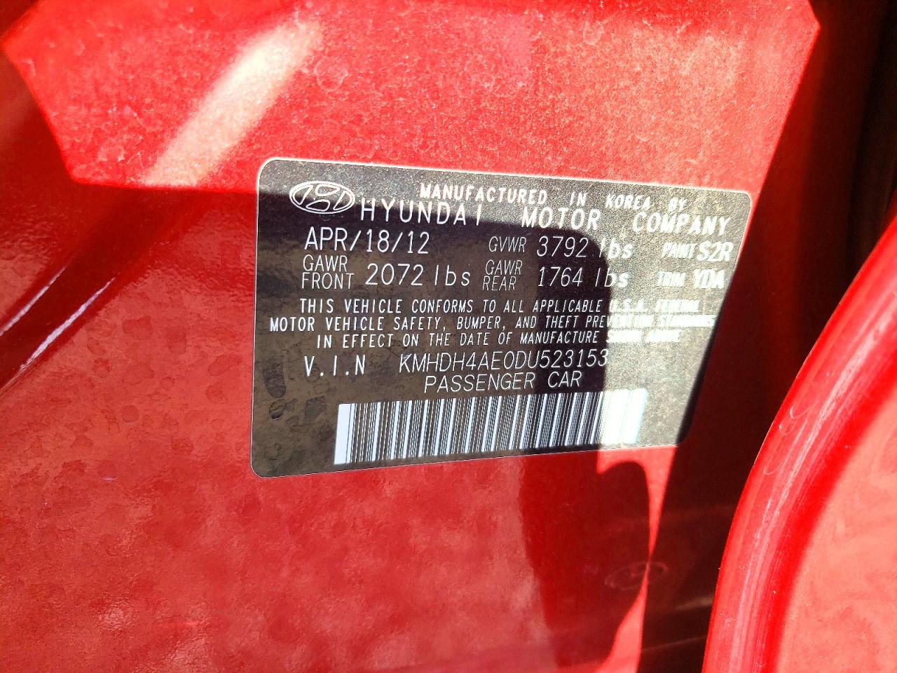 2013 Hyundai Elantra Limited Red vin: KMHDH4AE0DU523153
