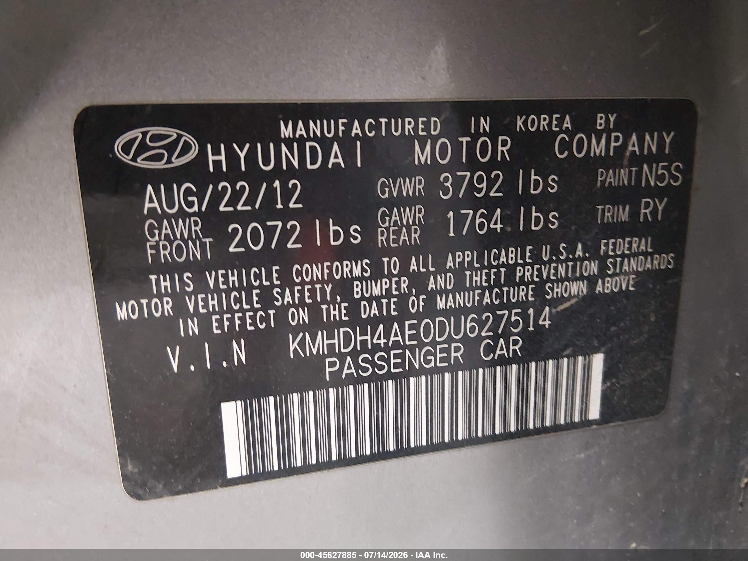 2013 Hyundai Elantra Limited Серый vin: KMHDH4AE0DU627514