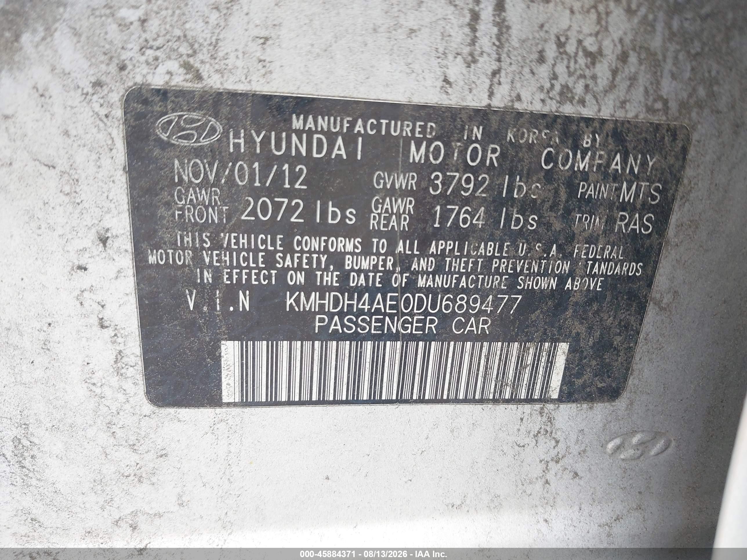 2013 Hyundai Elantra Limited Gray vin: KMHDH4AE0DU689477