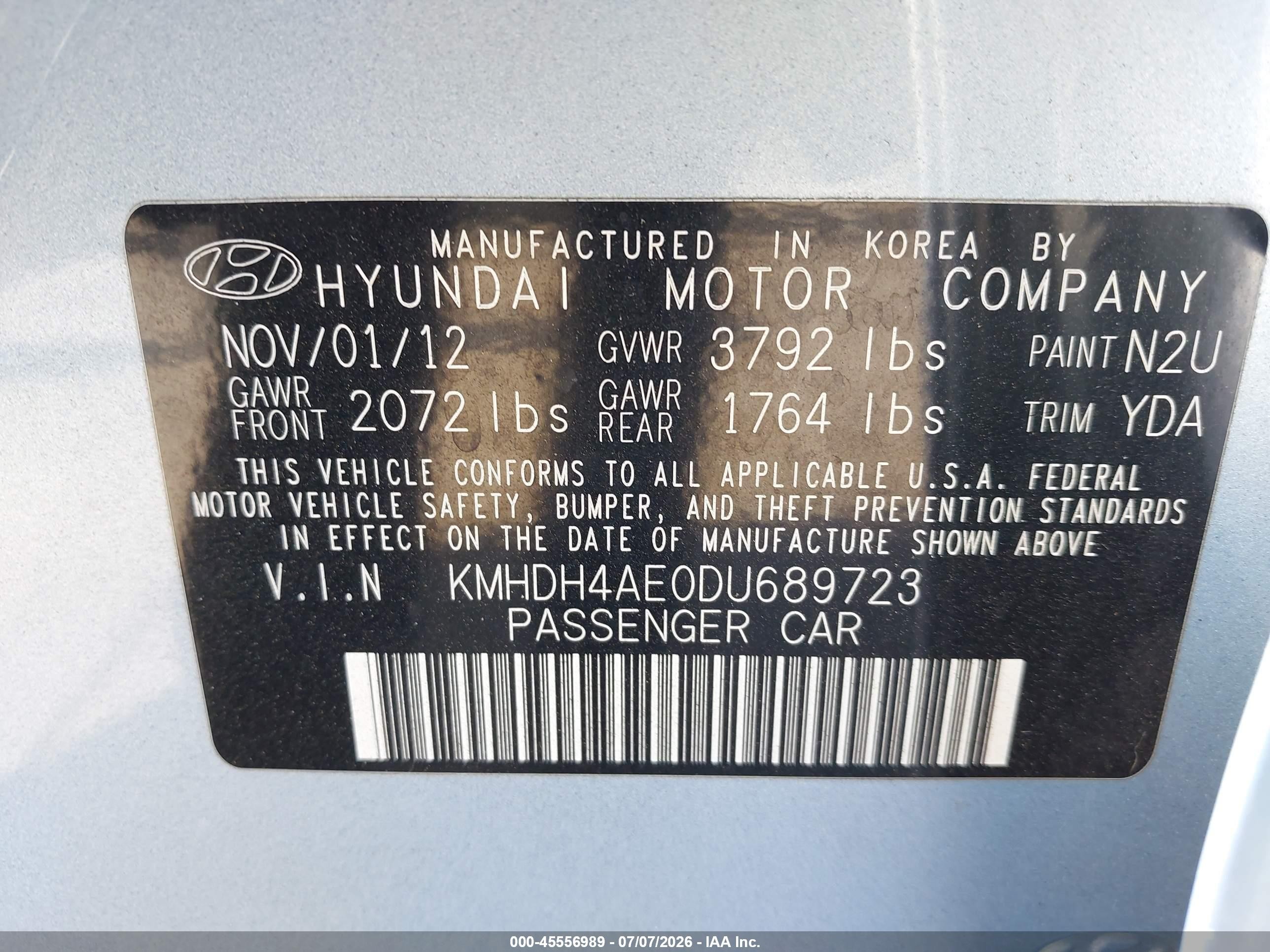 2013 Hyundai Elantra Gls Light Blue vin: KMHDH4AE0DU689723