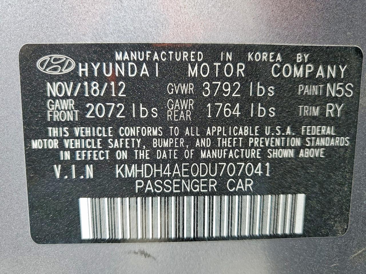 2013 Hyundai Elantra Limited Gray vin: KMHDH4AE0DU707041