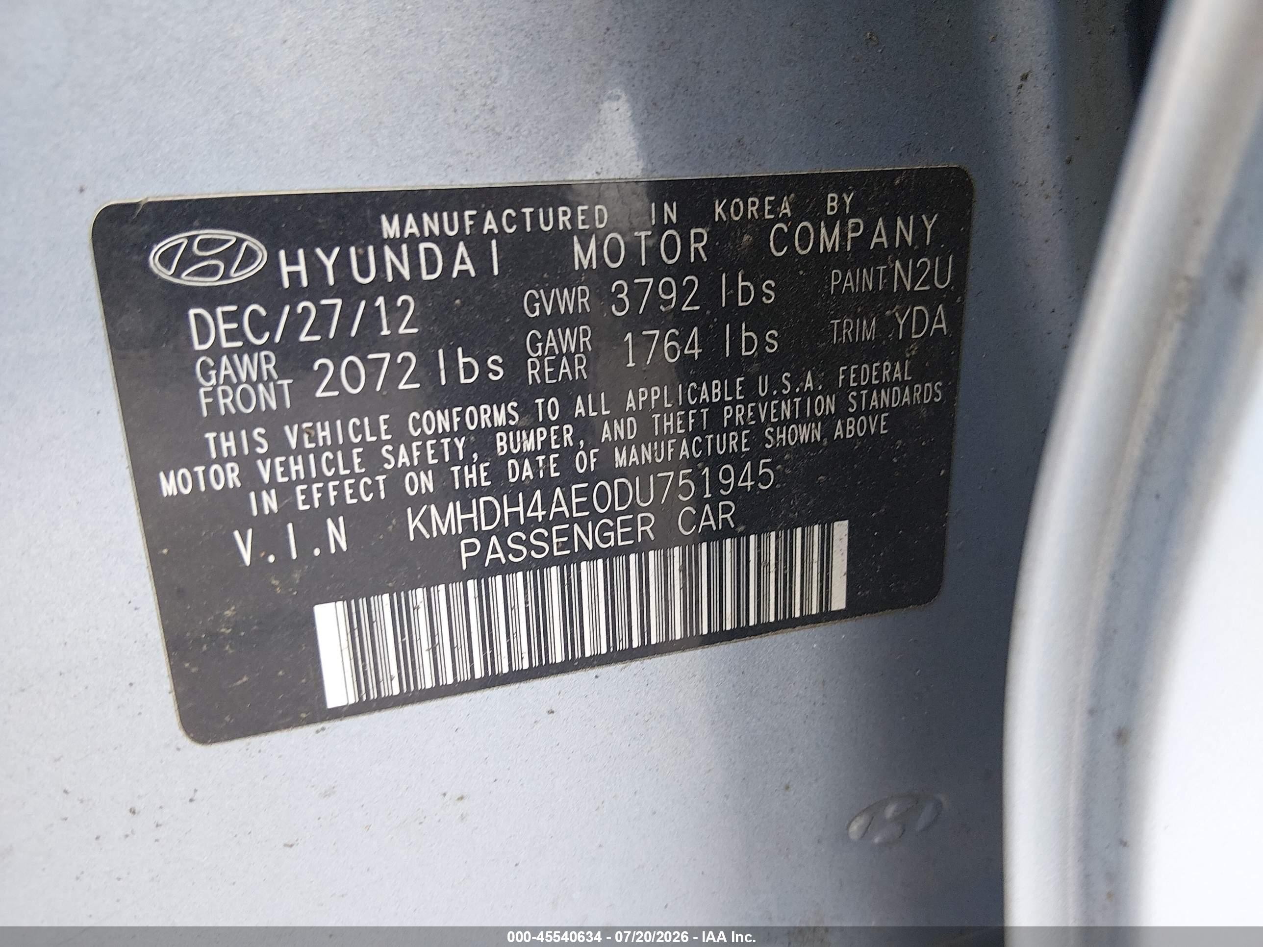 2013 Hyundai Elantra Gls Blue vin: KMHDH4AE0DU751945